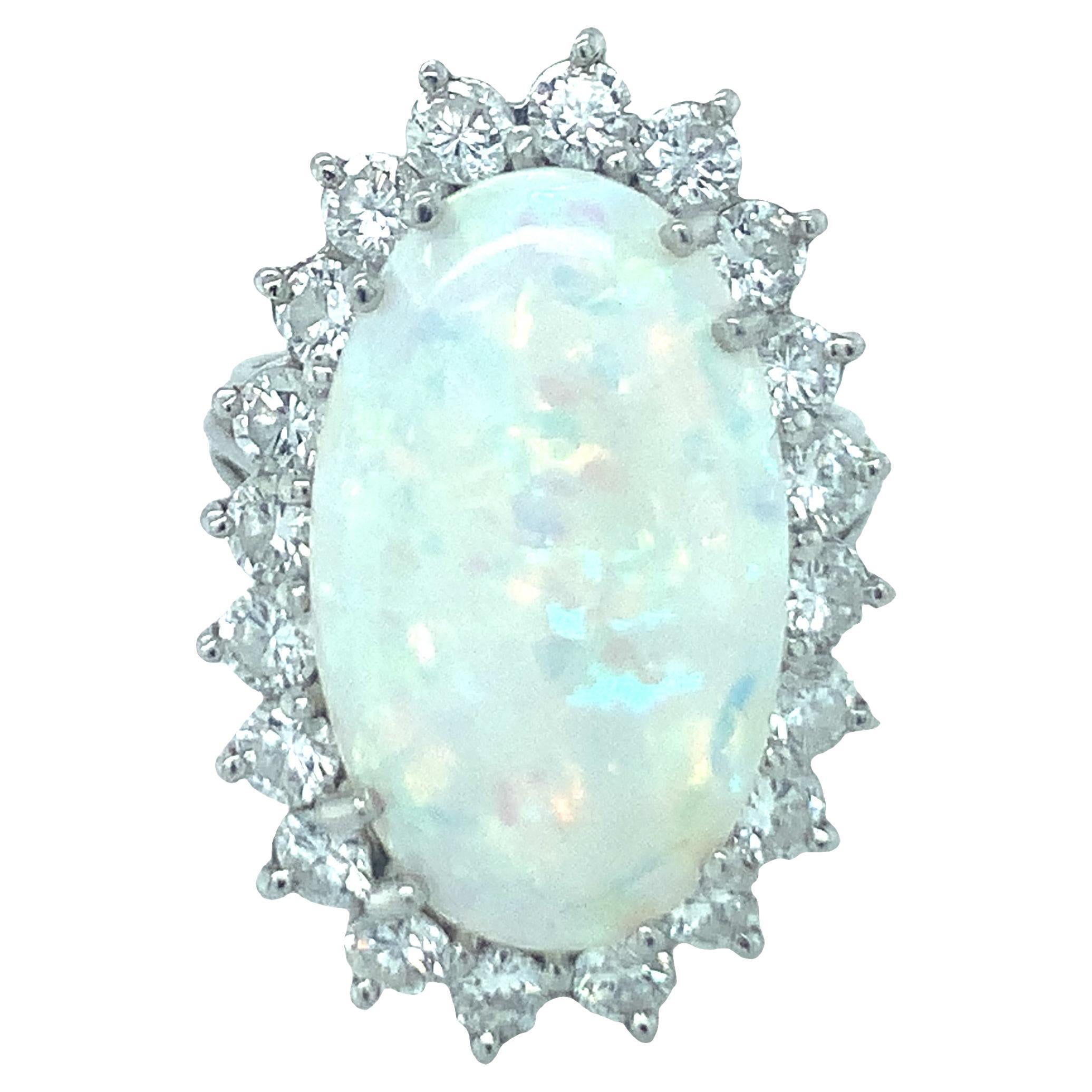 Mid-Century White Opal and Diamond Platinum Ring For Sale