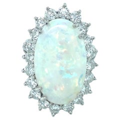 Retro Mid-Century White Opal and Diamond Platinum Ring