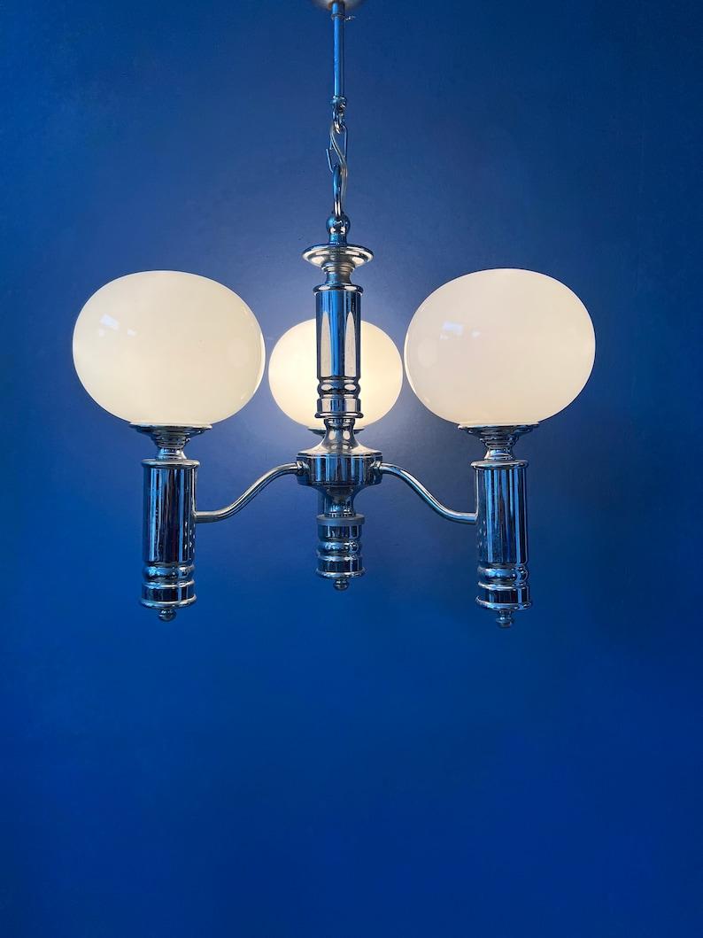 20th Century Mid Century White Opaline Glass Chandelier with Chrome Frame, 1970s For Sale