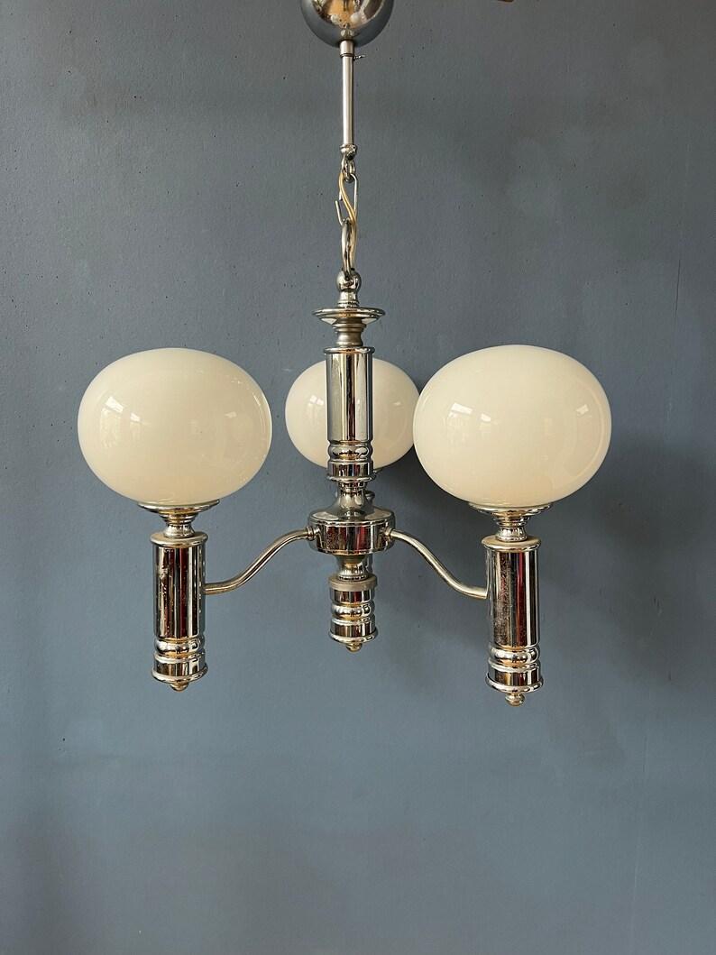 Mid Century White Opaline Glass Chandelier with Chrome Frame, 1970s For Sale 2