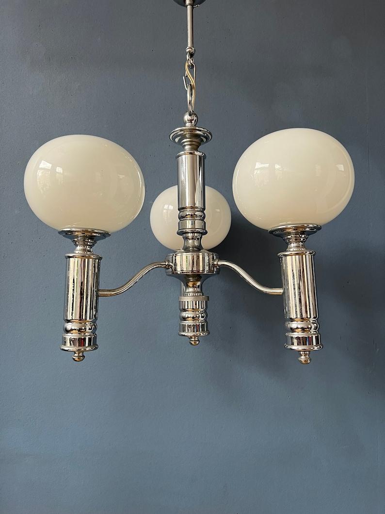 Mid Century White Opaline Glass Chandelier with Chrome Frame, 1970s For Sale 3