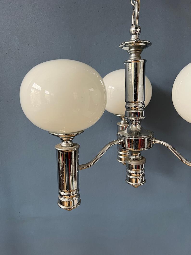 Mid Century White Opaline Glass Chandelier with Chrome Frame, 1970s For Sale 4
