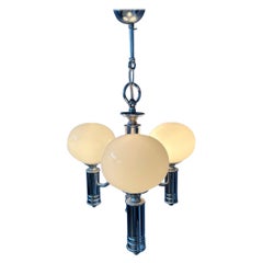 Mid Century White Opaline Glass Chandelier with Chrome Frame, 1970s