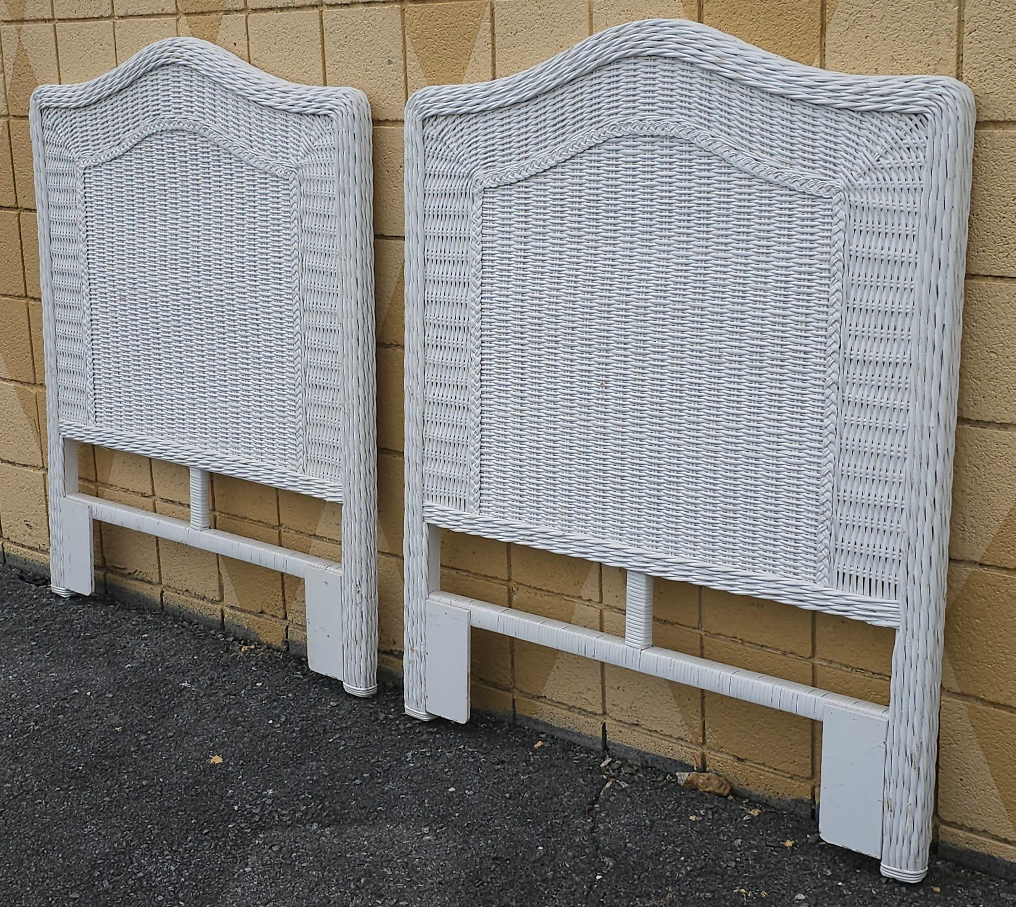 Hand-Woven Mid Century White Painted Woven Wicker and Rattan Twin Headboards, Pair For Sale