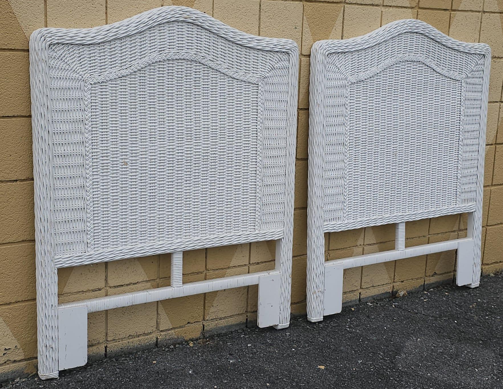 Mid Century White Painted Woven Wicker and Rattan Twin Headboards, Pair In Good Condition For Sale In Germantown, MD