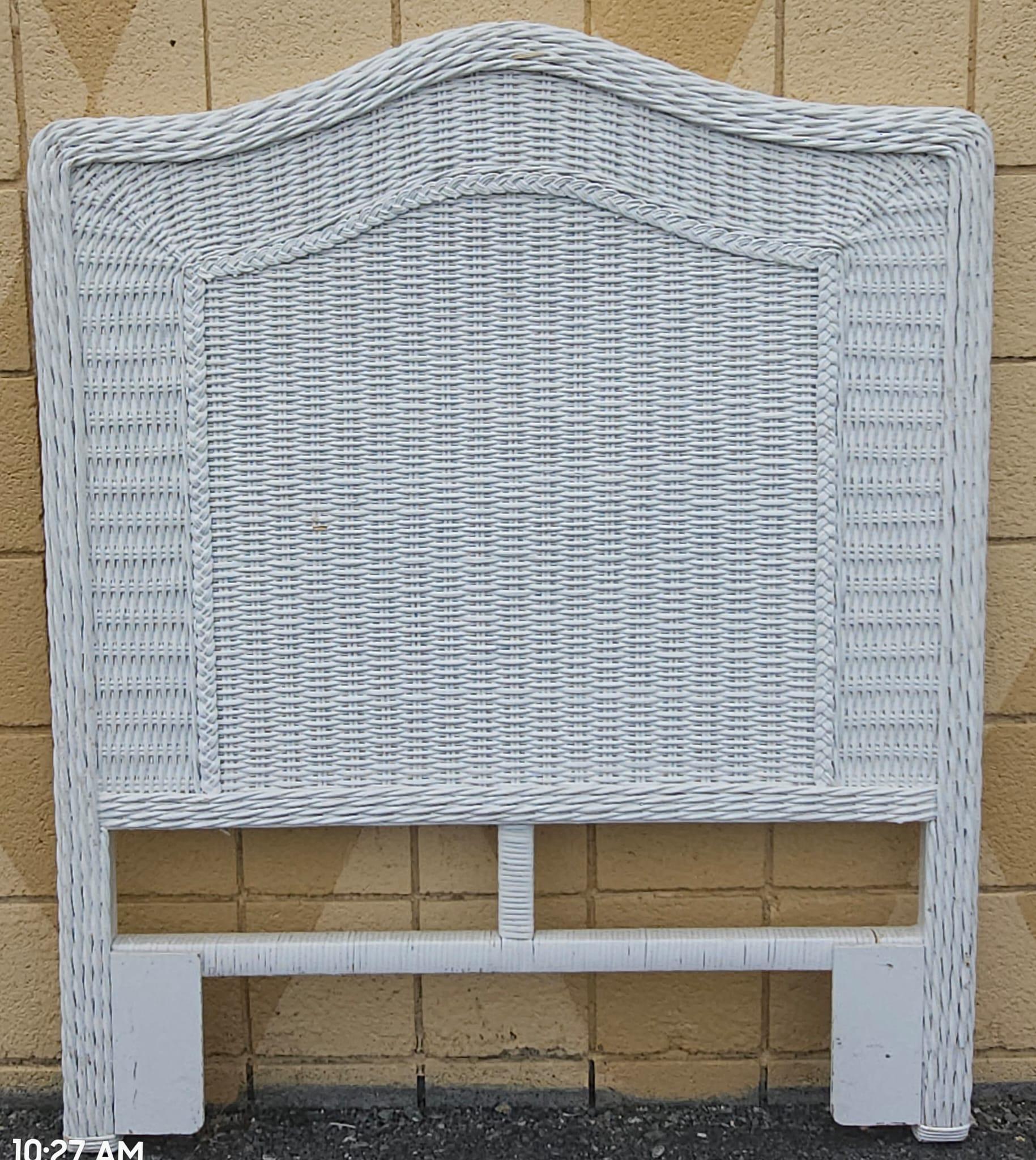 20th Century Mid Century White Painted Woven Wicker and Rattan Twin Headboards, Pair For Sale
