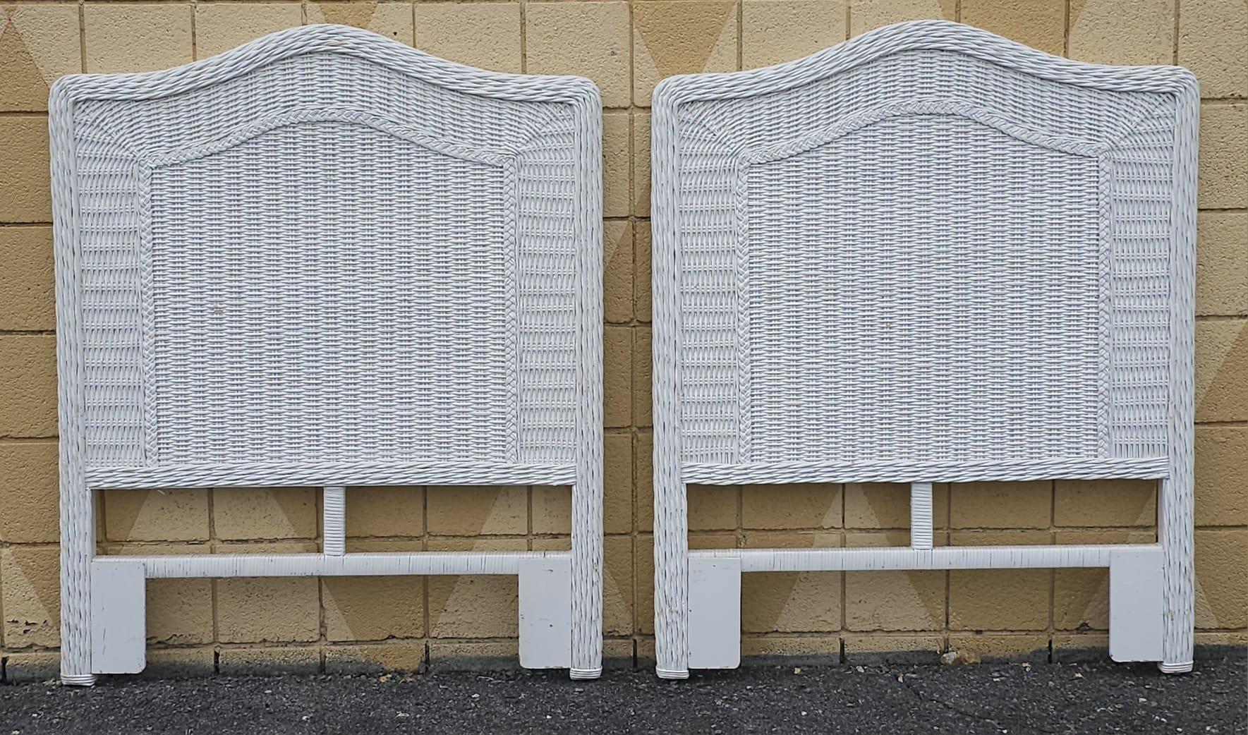 Mid Century White Painted Woven Wicker and Rattan Twin Headboards, Pair For Sale 1