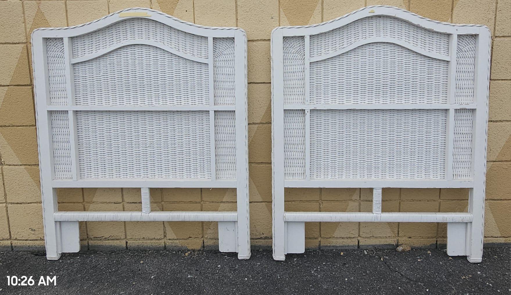 Mid Century White Painted Woven Wicker and Rattan Twin Headboards, Pair For Sale 2
