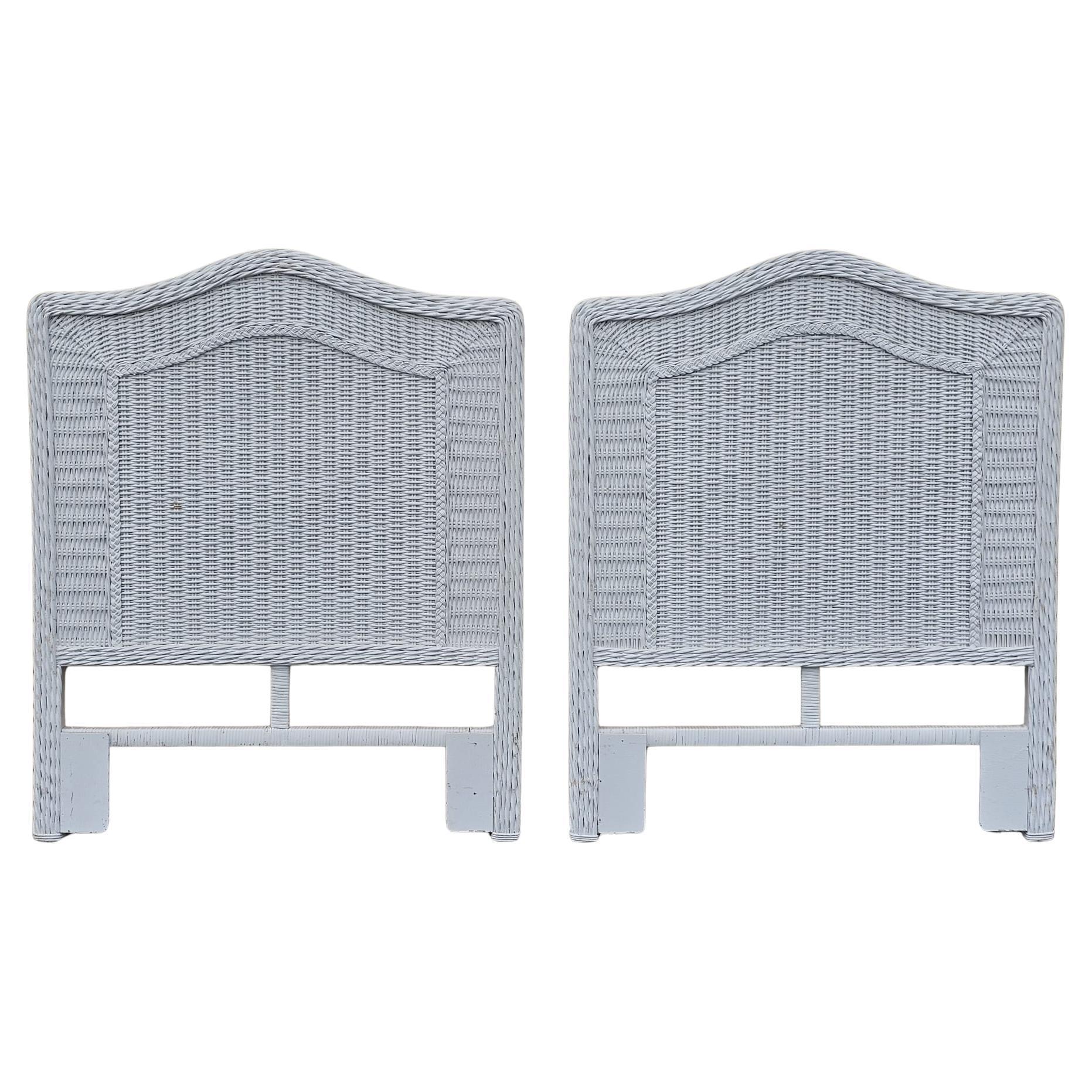 Mid Century White Painted Woven Wicker and Rattan Twin Headboards, Pair