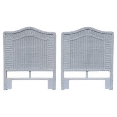 Mid Century White Painted Woven Wicker and Rattan Twin Headboards, Pair
