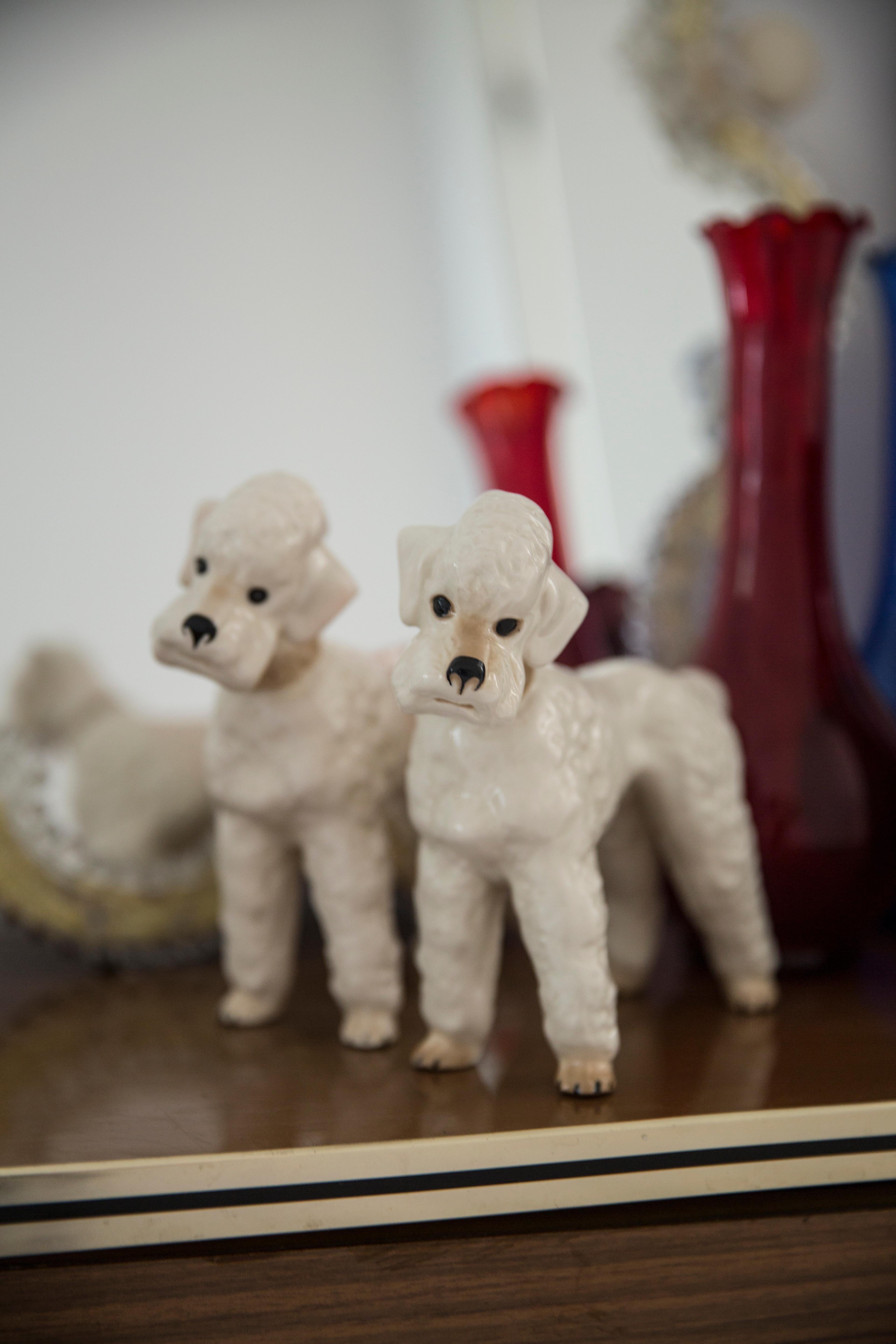 Ceramica dipinta, ottime condizioni originali vintage. Nessun danno o crepa. Una scultura decorativa bella e unica. La scultura di cane barboncino bianco è stata prodotta in Italia. È disponibile un solo cane.