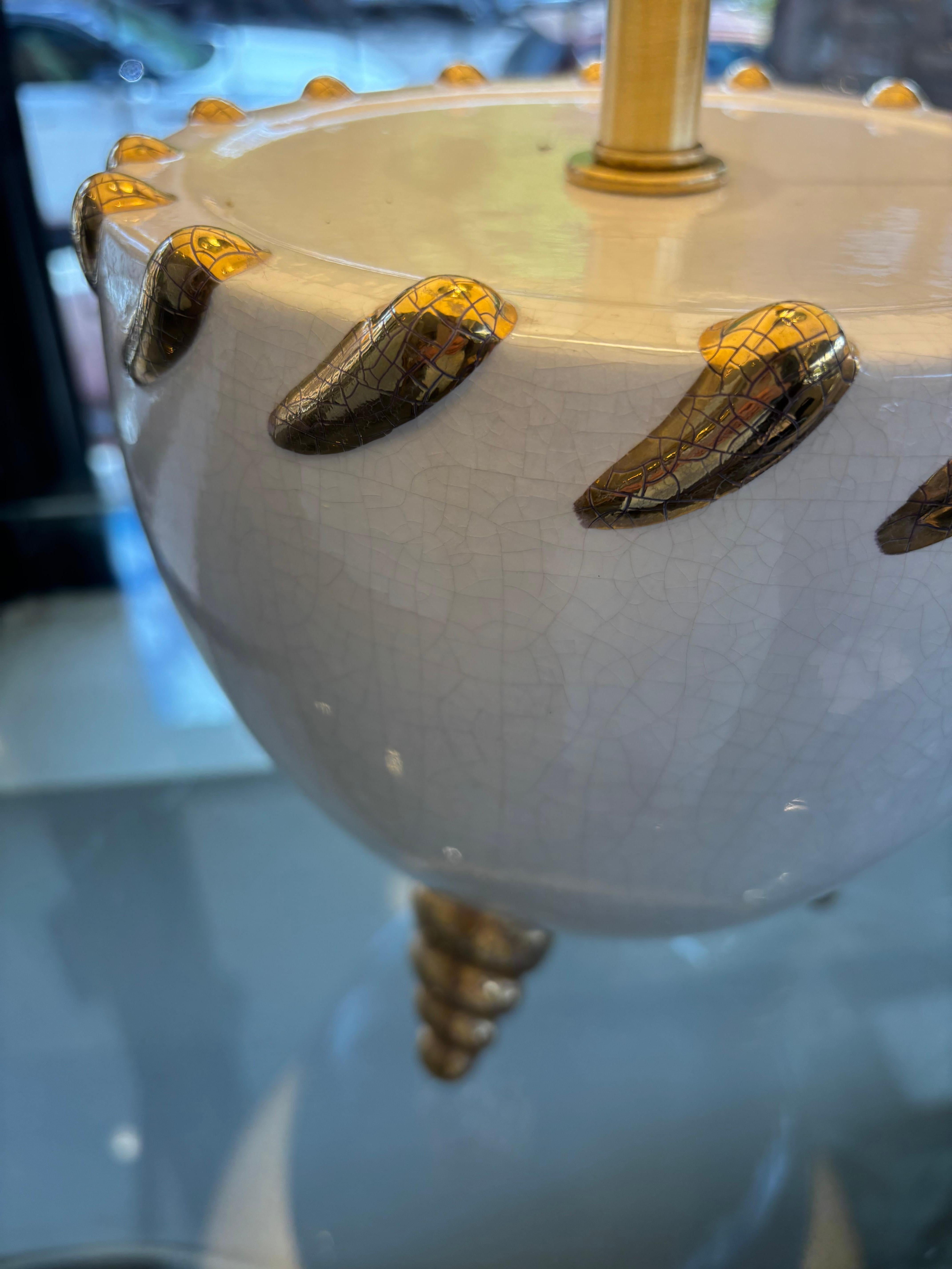 France 1960's White Porcelain Lamp with Gilded Feet and Custom Shade
