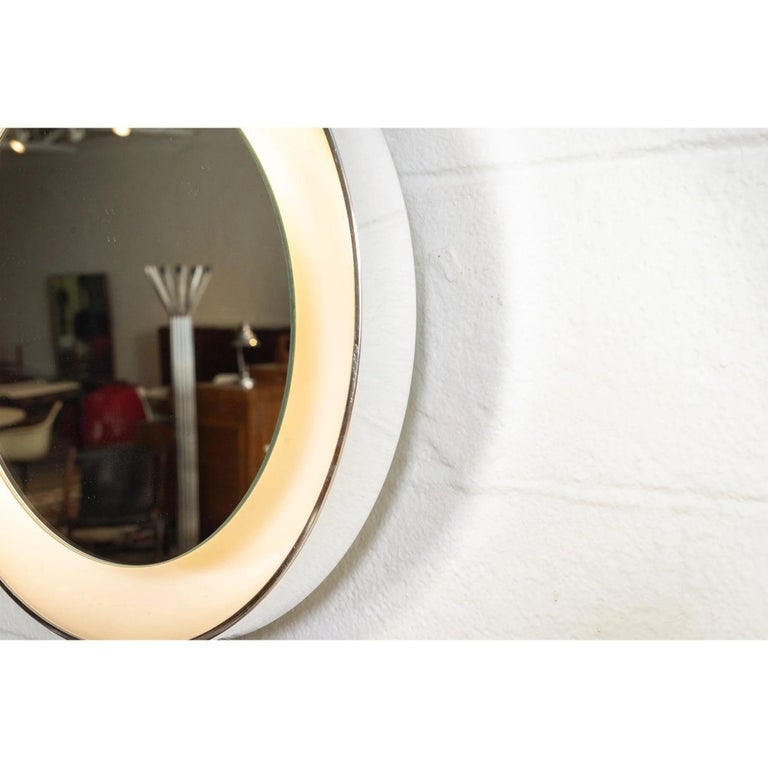 Midcentury White Round Lighted Wall Mirror by Lightolier, 1970s For