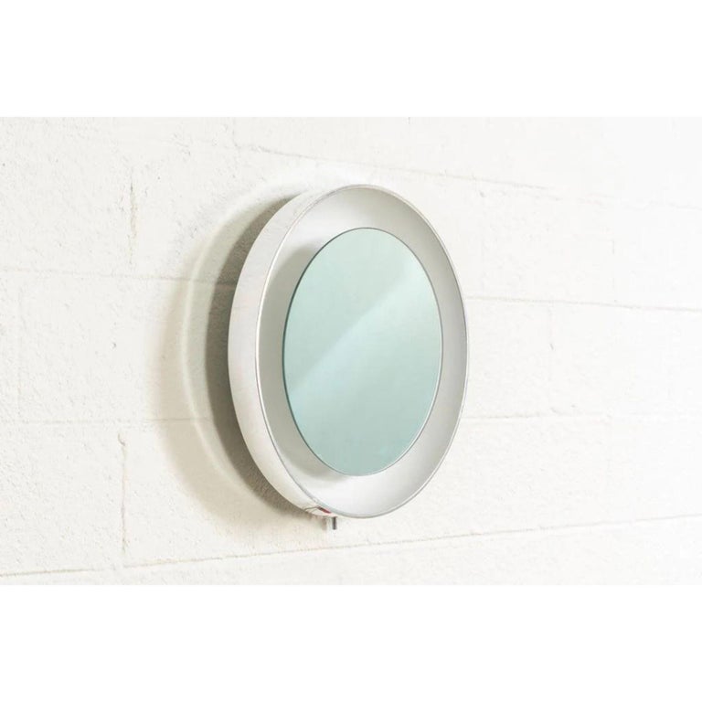 Midcentury White Round Lighted Wall Mirror by Lightolier, 1970s For