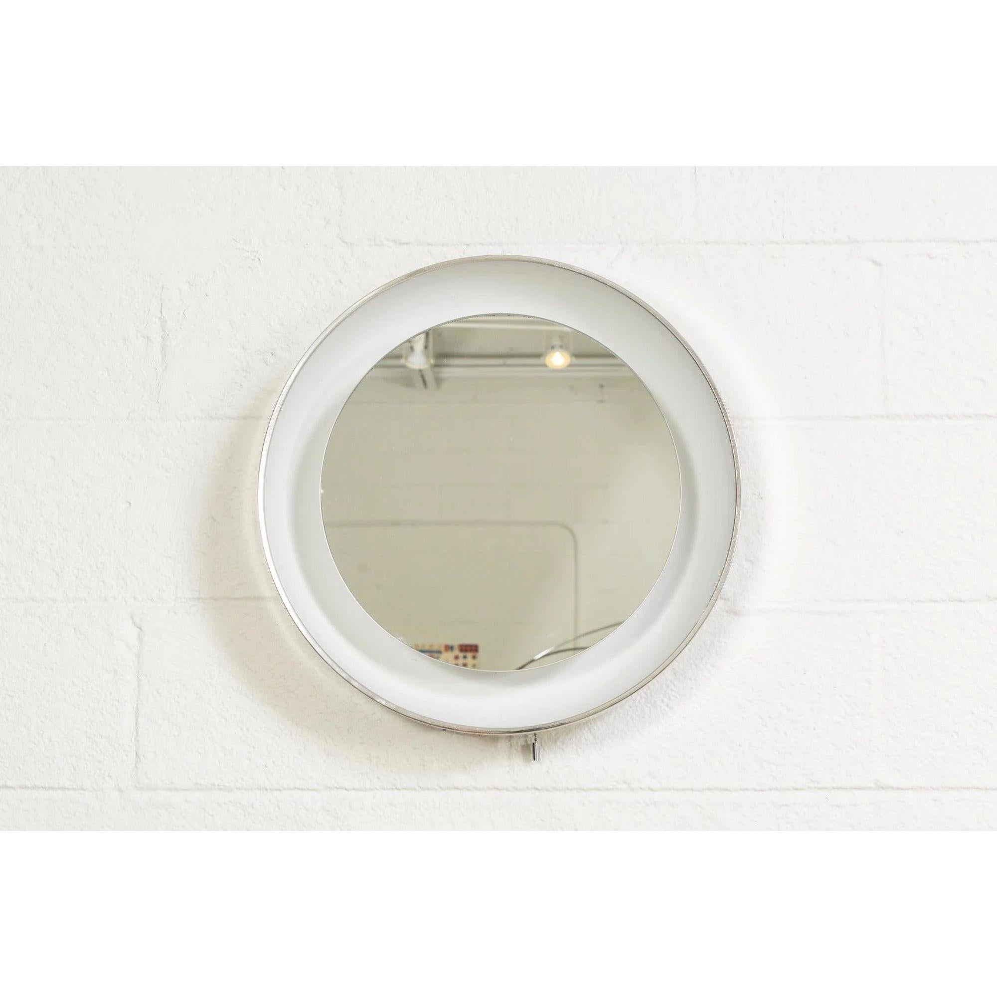 American Midcentury White Round Lighted Wall Mirror by Lightolier, 1970s