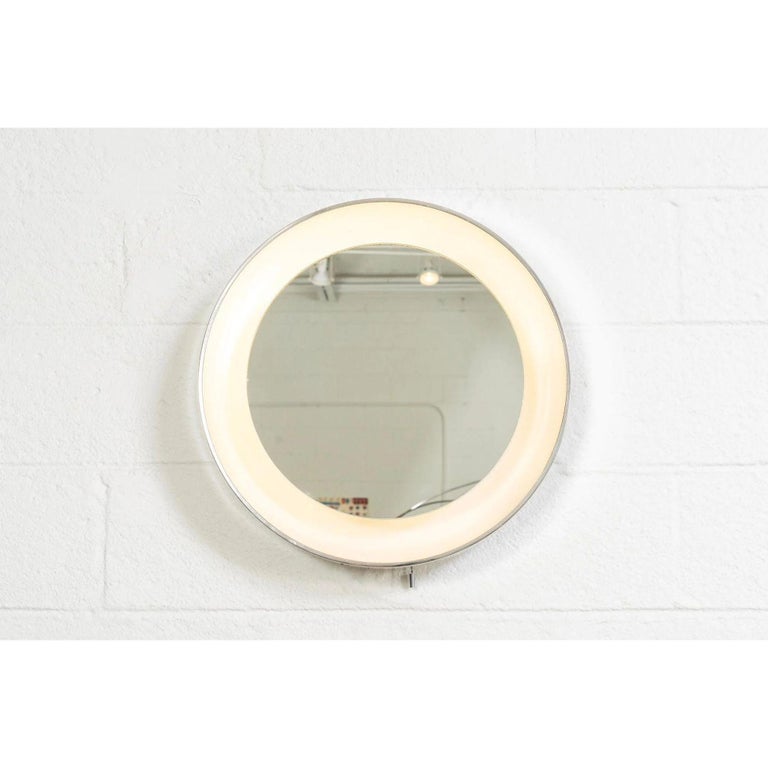 Midcentury White Round Lighted Wall Mirror by Lightolier, 1970s For