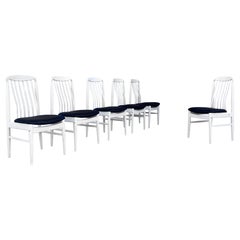 Mid-Century White Slatted Dining Chairs with Black Vinyl Seats - Set of 6