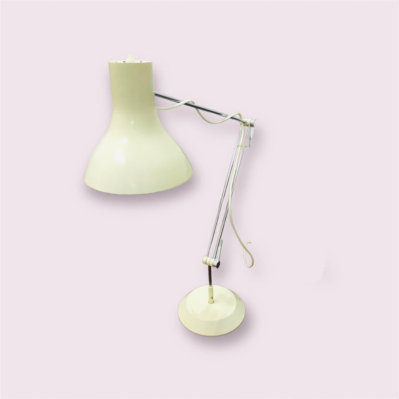 Beautiful Czech table lamp from the 1960s, designed by Josef Hurka. Steel construction with aluminum shade fitted with standard E27 thread bulb. Czechoslovakian production white/chrome electric table lamp from the 1960s. In beautiful condition, with