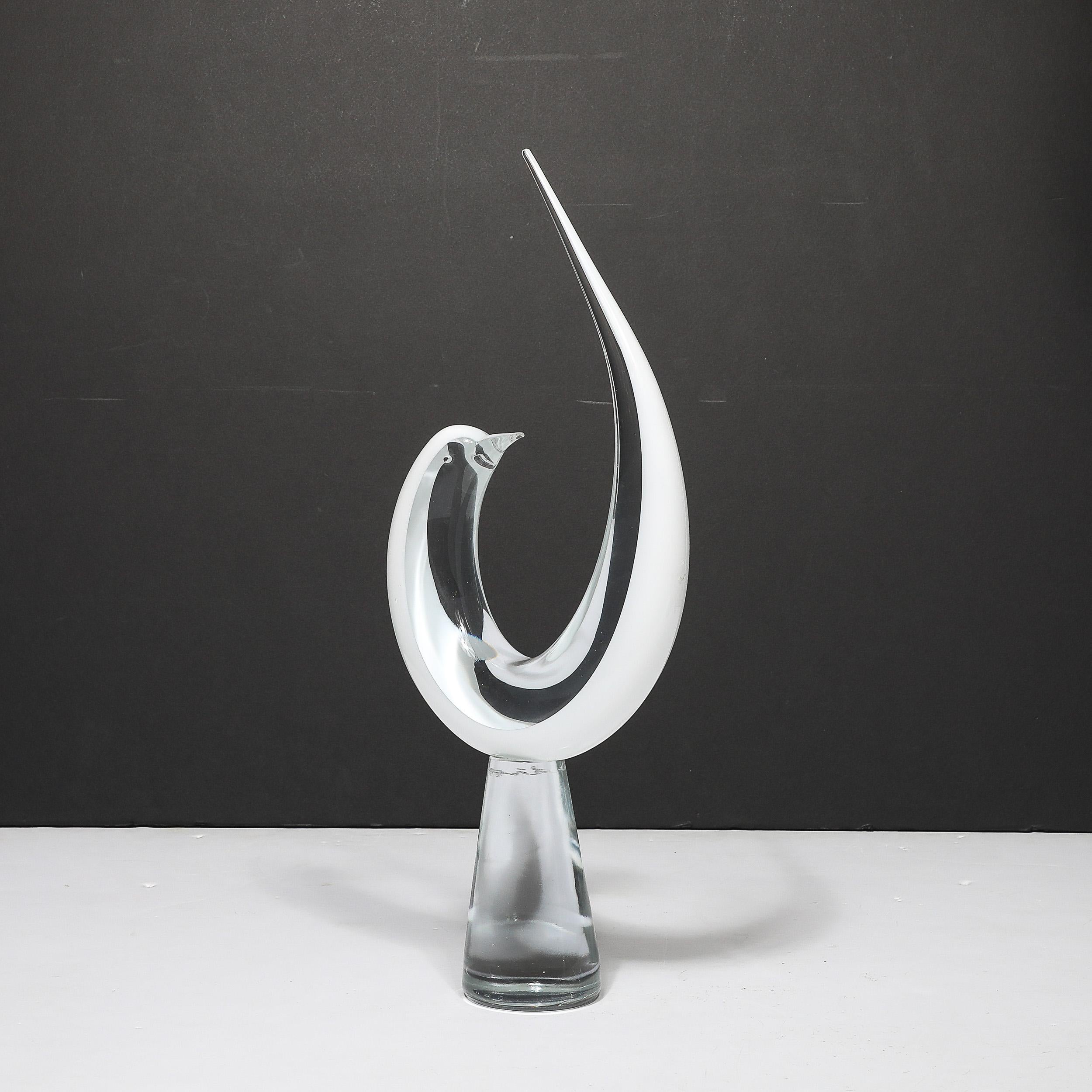 Mid-Century moderno Scultura di uccello in vetro di Murano bianco e trasparente di metà secolo firmata Renato Anatra in vendita