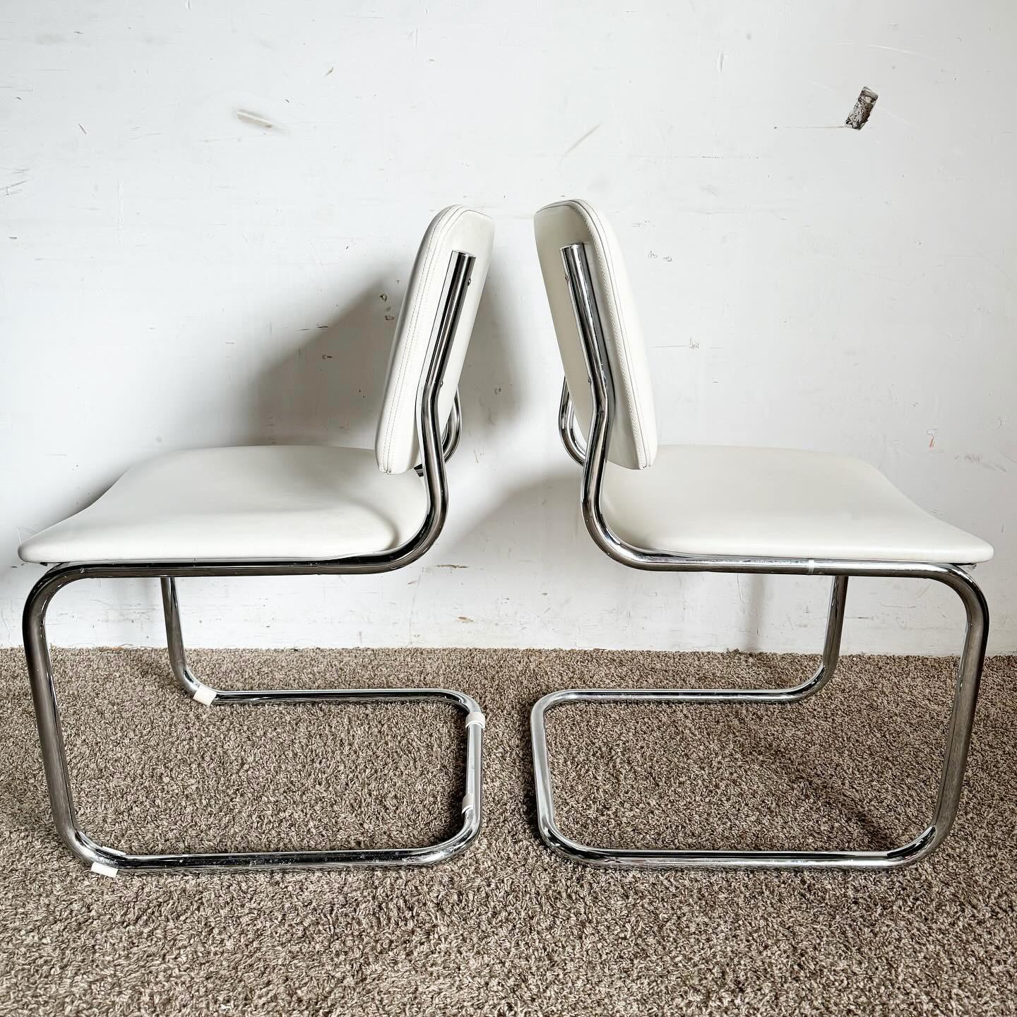 Mid-Century Modern Mid Century White Vinyl and Chrome Cantilever Dining Chairs by Loewenstein/Oggo For Sale