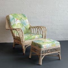 Mid-Century White Wash Wicker Cushioned Lounge Chair And Ottoman