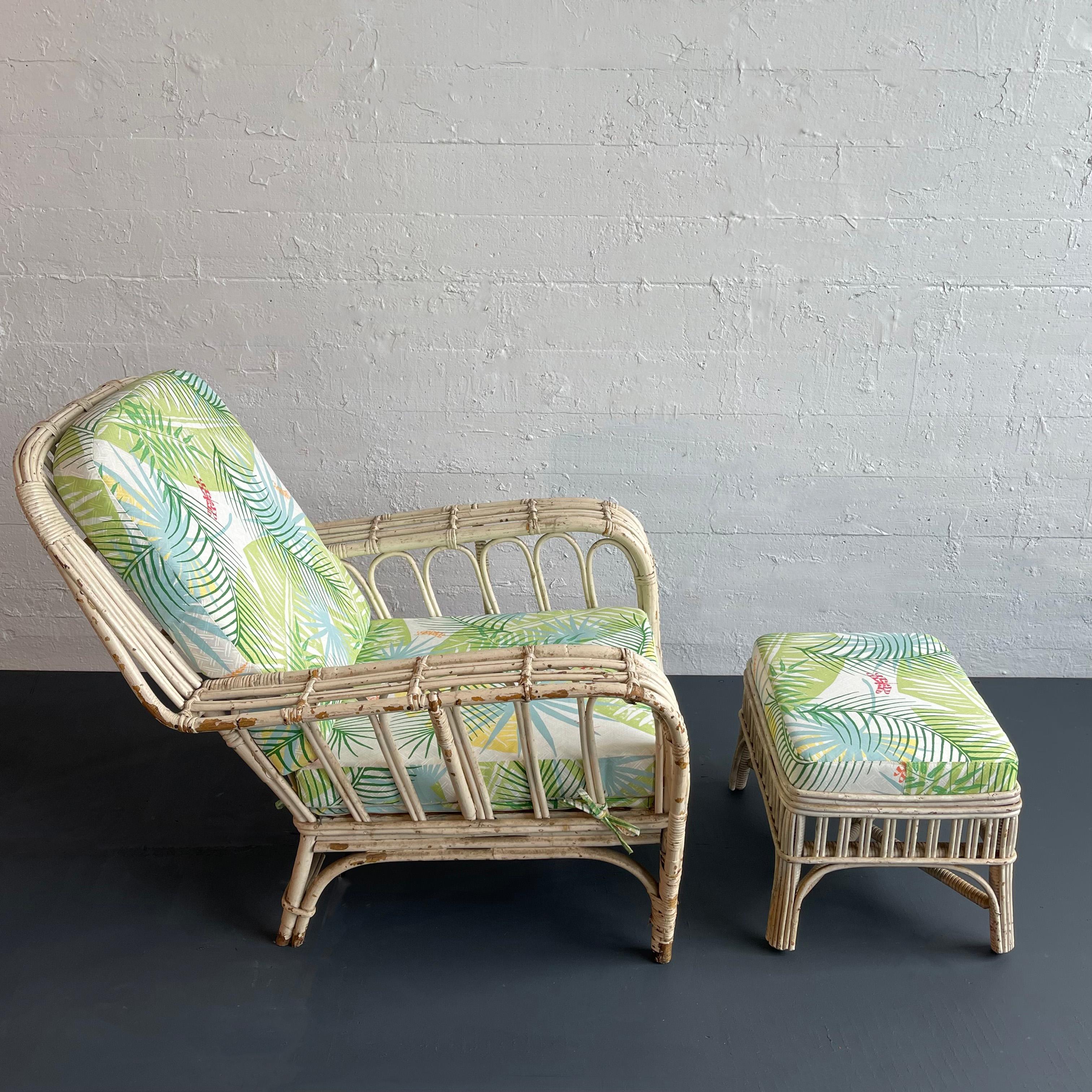 20th Century Mid-Century White Wash Wicker Cushioned Lounge Chair And Ottoman For Sale