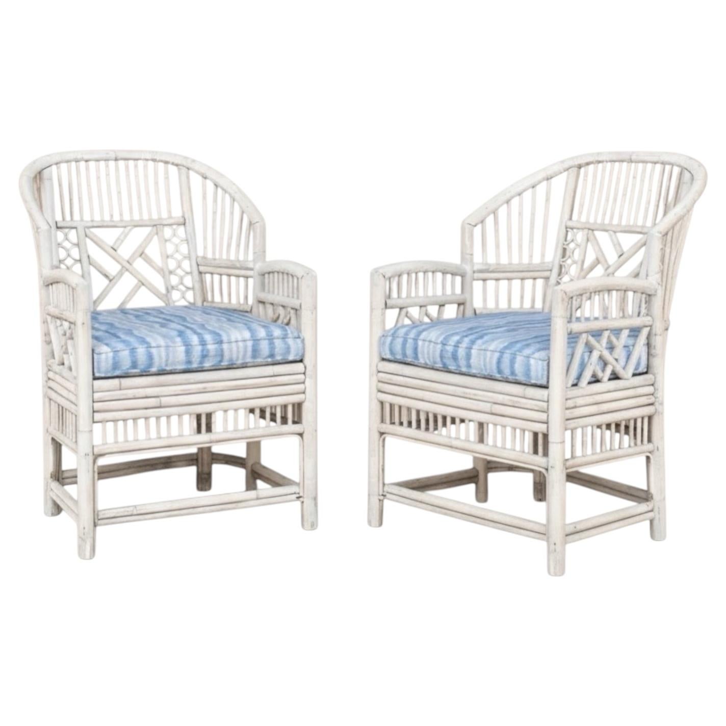 Mid-Century White Washed Chippendale Brighton Style Bamboo Arm Chairs - Pair For Sale