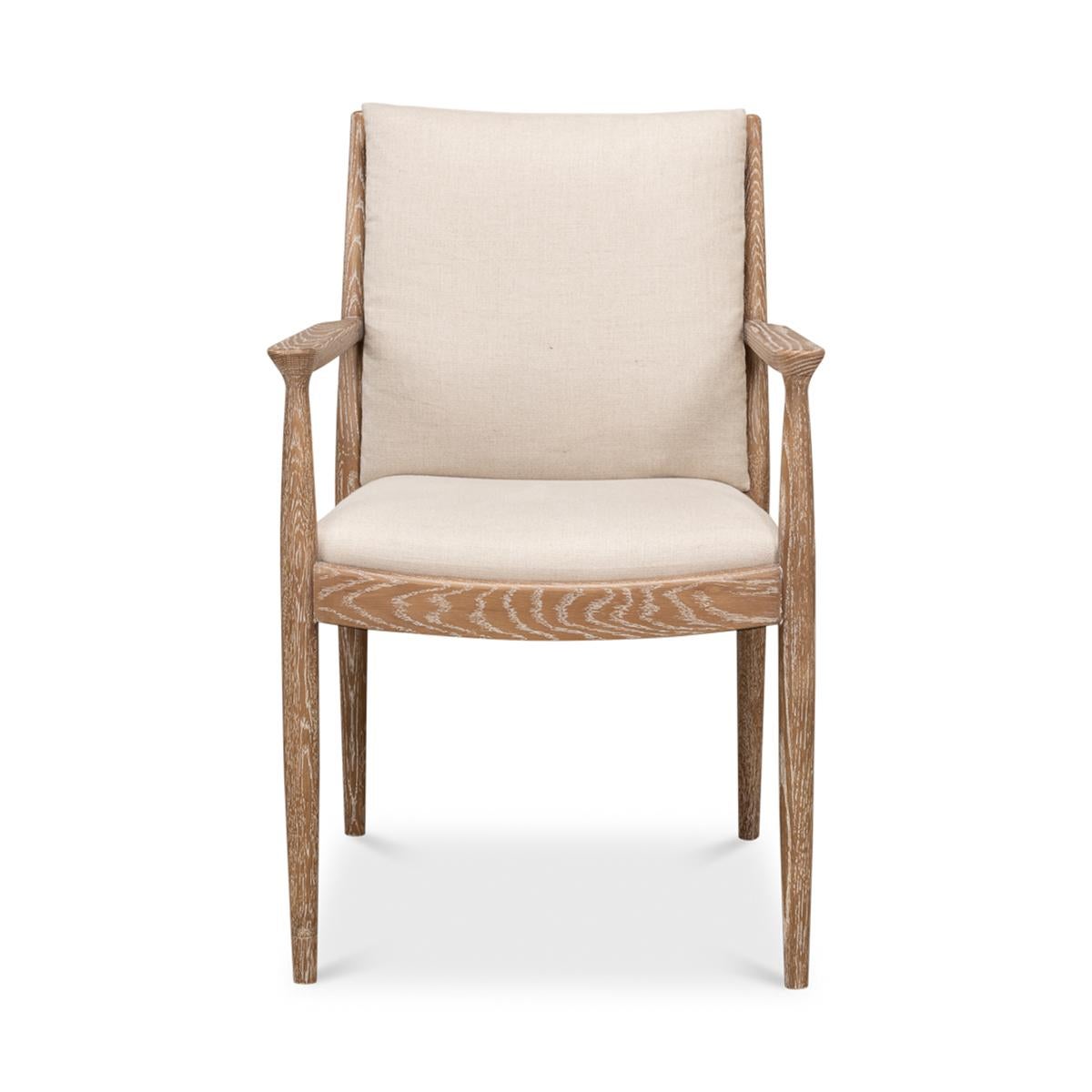 Mid Century Whitewash armchair with an oak whitewashed finish, beige fabric and a slatted backrest.

Dimensions: 22
