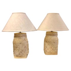 Mid Century Whitewashed Rattan Lamps, A Pair