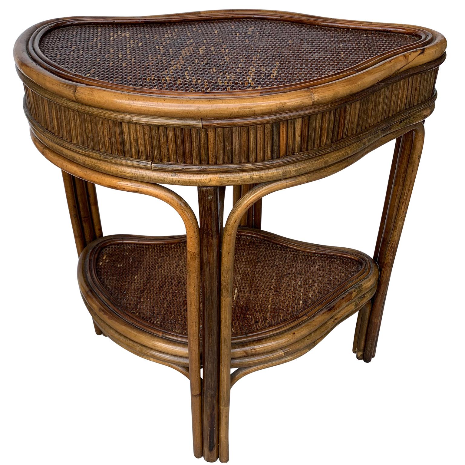 American Mid-Century Wicker And Bamboo Kidney Shaped Nightstand
