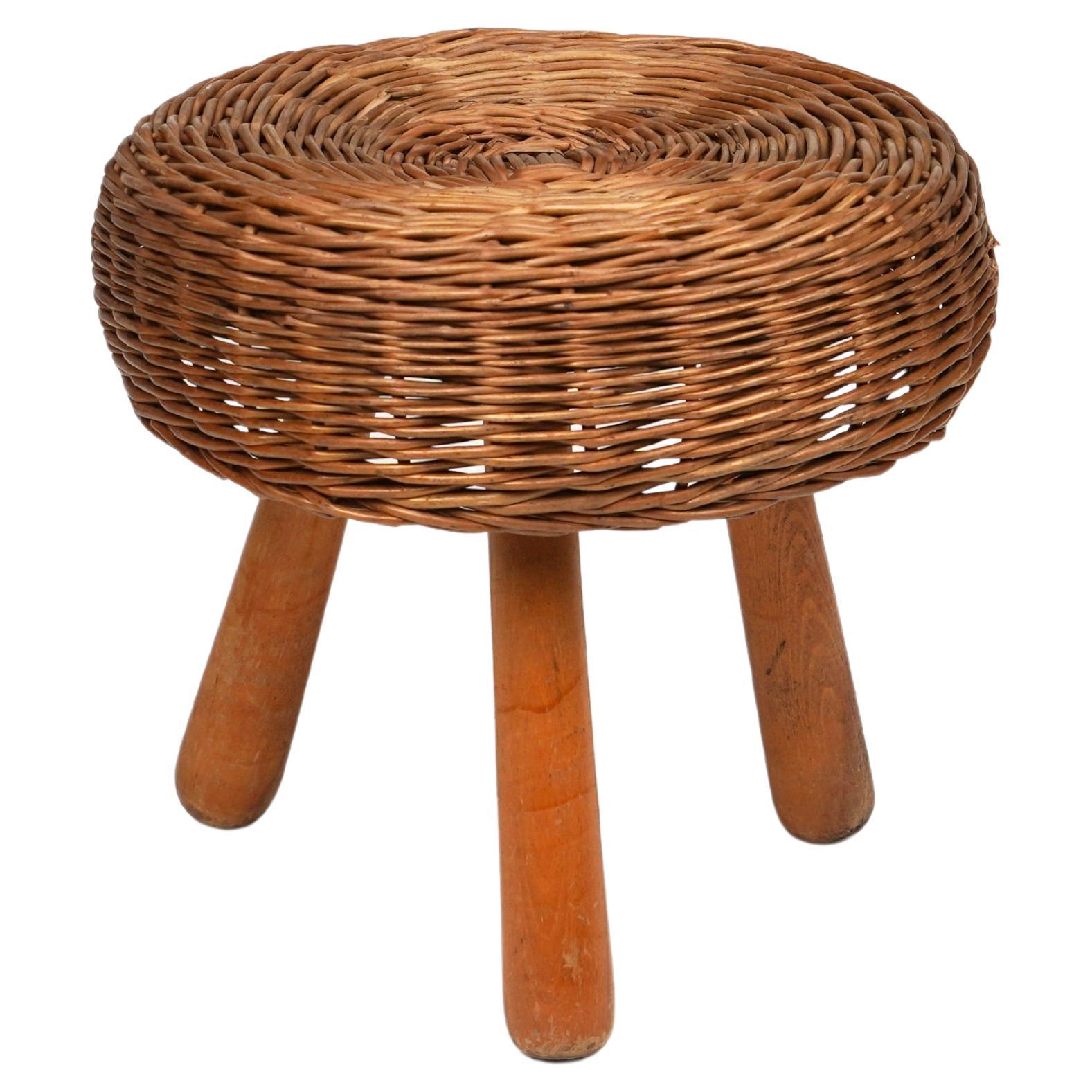 Midcentury Wicker and Wood Tripod Stool by Tony Paul, United States, 1950s For Sale 4