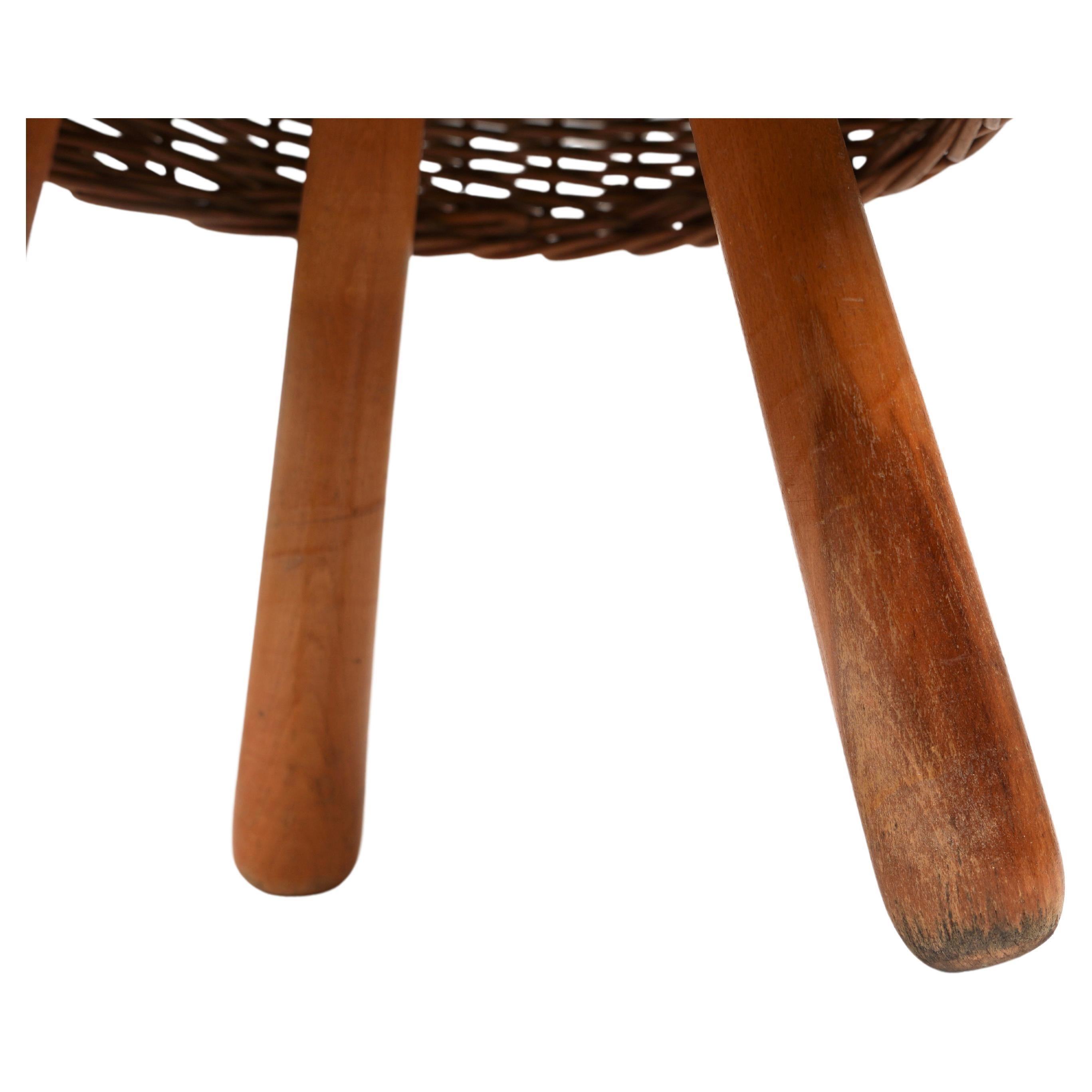 Midcentury Wicker and Wood Tripod Stool by Tony Paul, United States, 1950s For Sale 5