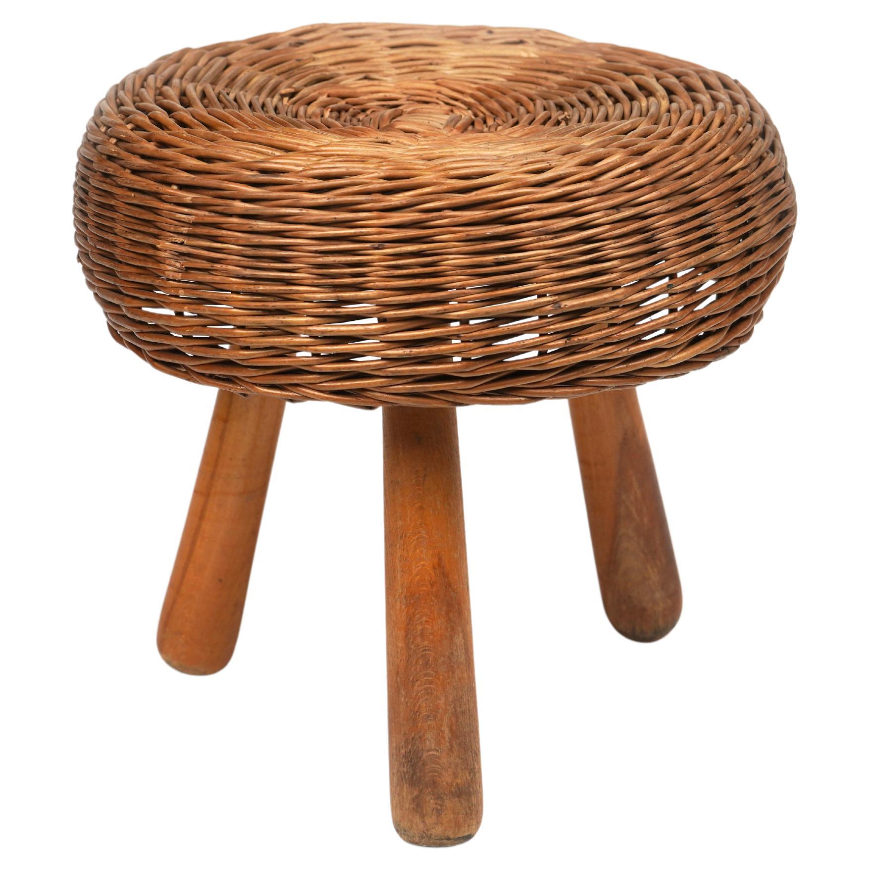 Mid-Century Modern Midcentury Wicker and Wood Tripod Stool by Tony Paul, United States, 1950s For Sale