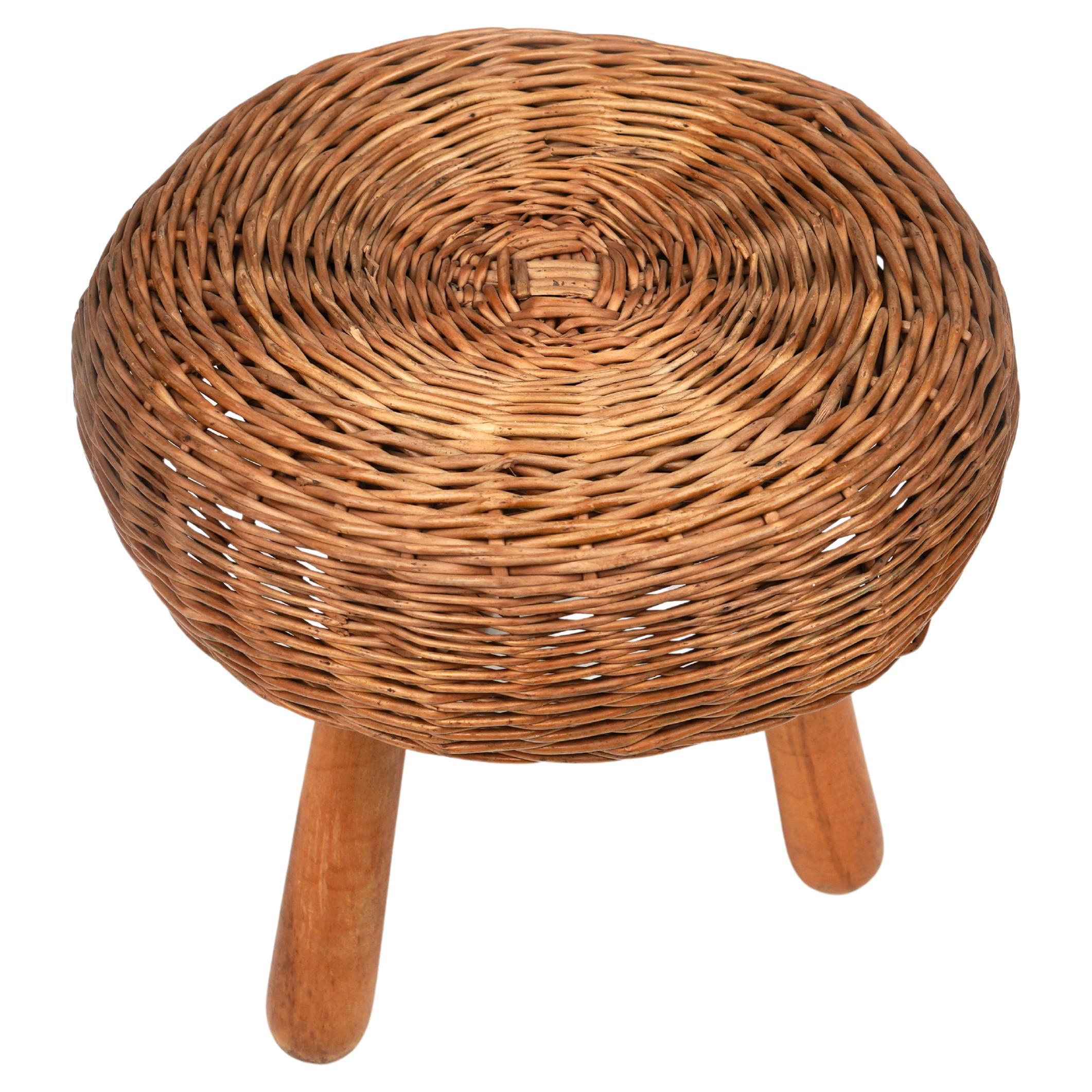 Central American Midcentury Wicker and Wood Tripod Stool by Tony Paul, United States, 1950s For Sale