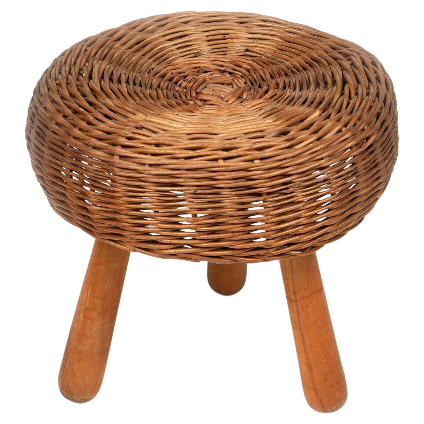Mid-20th Century Midcentury Wicker and Wood Tripod Stool by Tony Paul, United States, 1950s For Sale