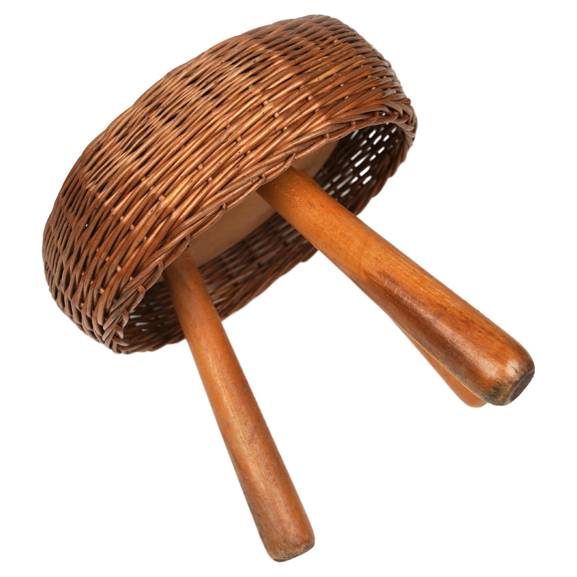 Midcentury Wicker and Wood Tripod Stool by Tony Paul, United States, 1950s For Sale 3