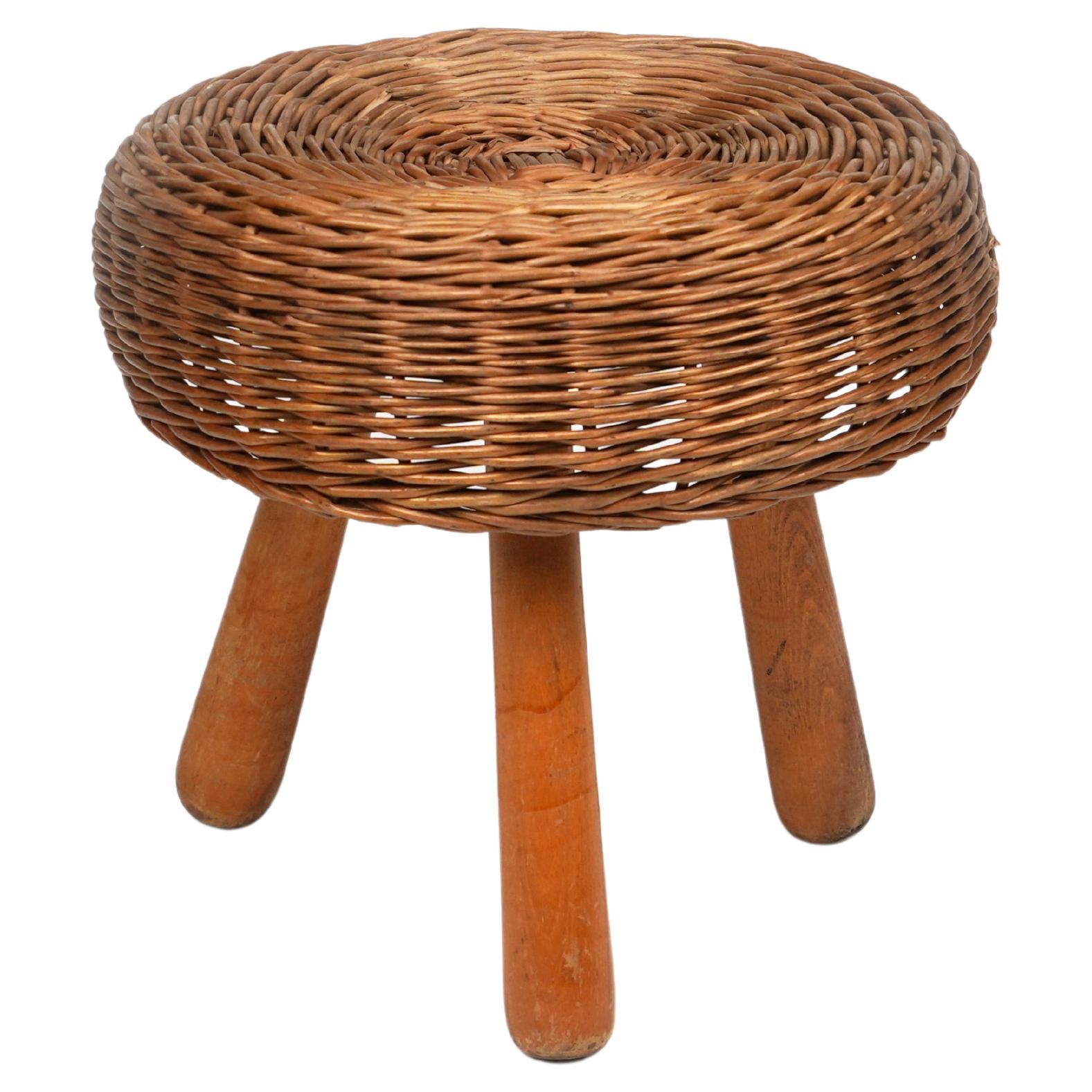 Midcentury Wicker and Wood Tripod Stool by Tony Paul, United States, 1950s For Sale