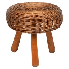 Midcentury Wicker and Wood Tripod Stool by Tony Paul, United States, 1950s