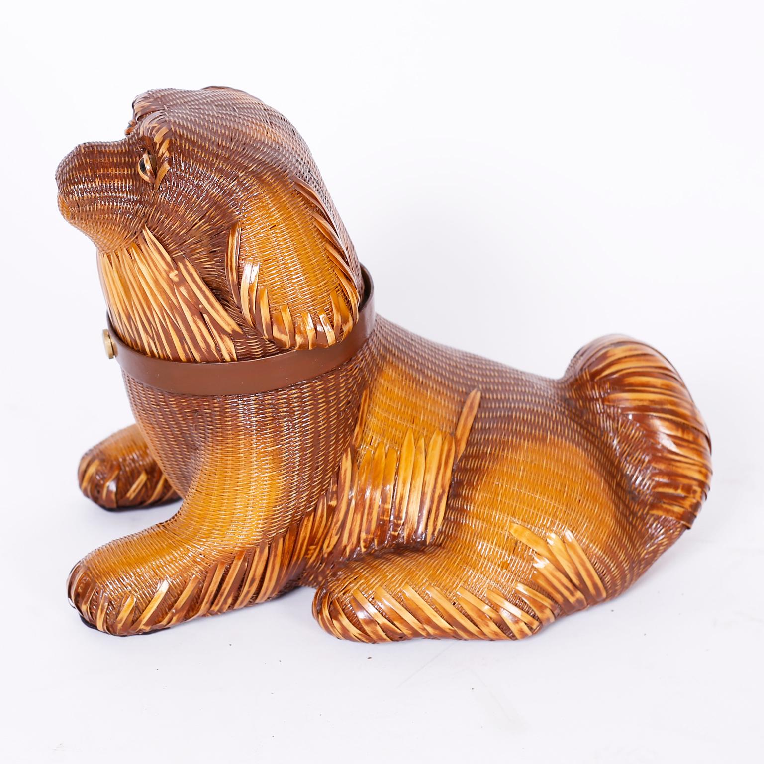 Charming midcentury wicker and reed dog from the noted Shanghai collection with its characteristic ambitious weave and removable head.