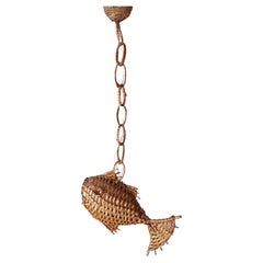 Mid Century Wicker Fisch Celling Light, France 1960s