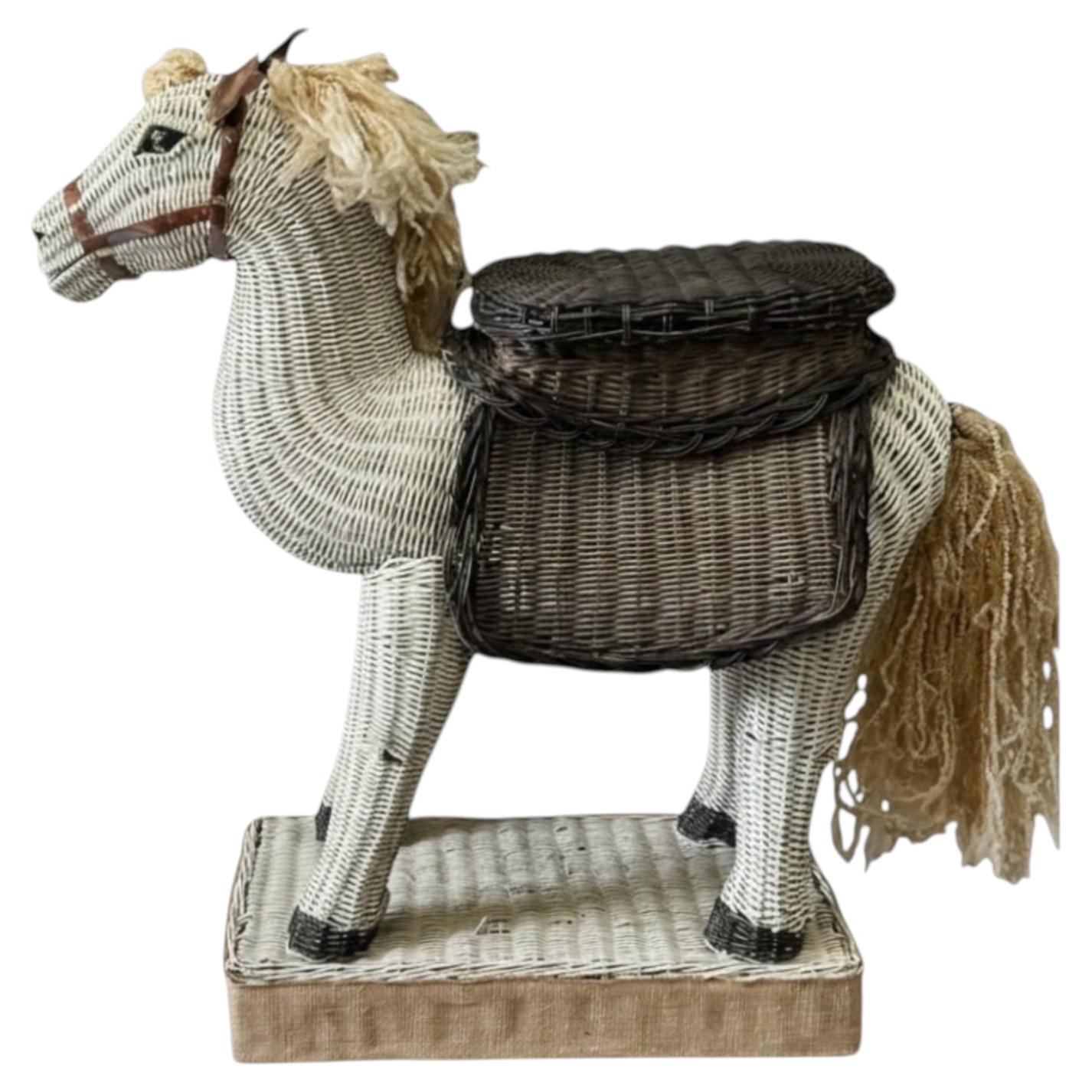 Mid-Century Wicker Horse Side Table / Garden Stool - Glass Eyes Tortoise Ears For Sale