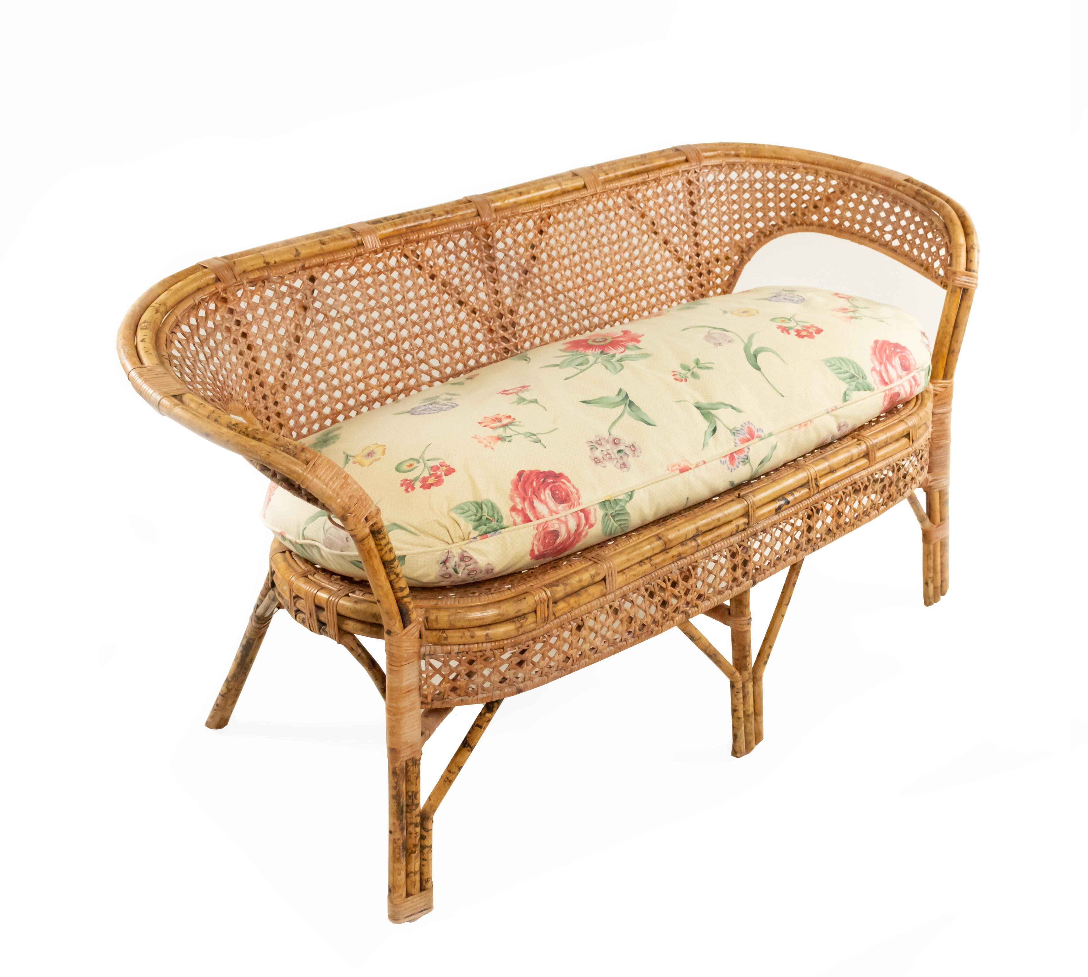 Mid-Century Modern Midcentury Wicker Love Seat with Floral Upholstery For Sale