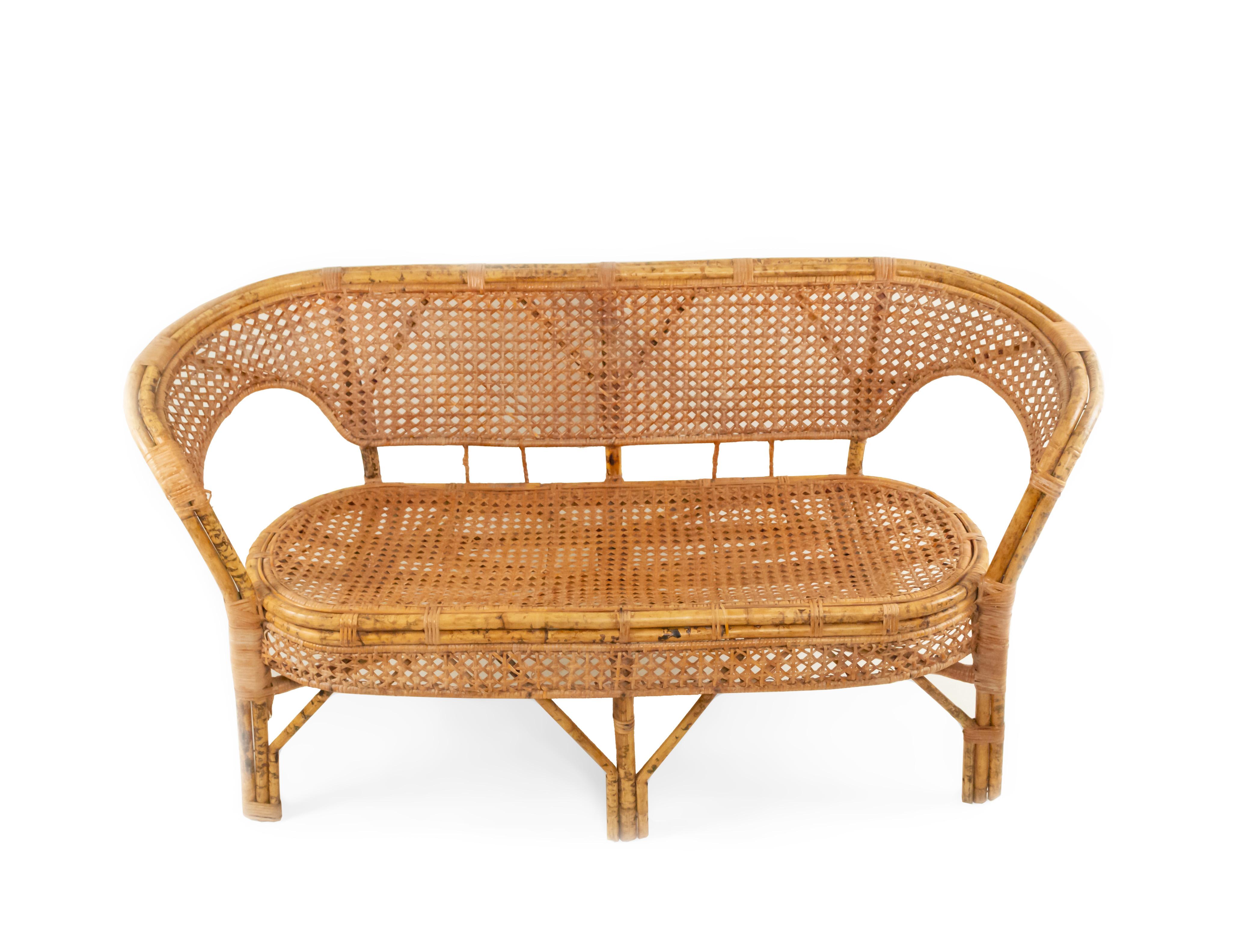 American Midcentury Wicker Love Seat with Floral Upholstery For Sale