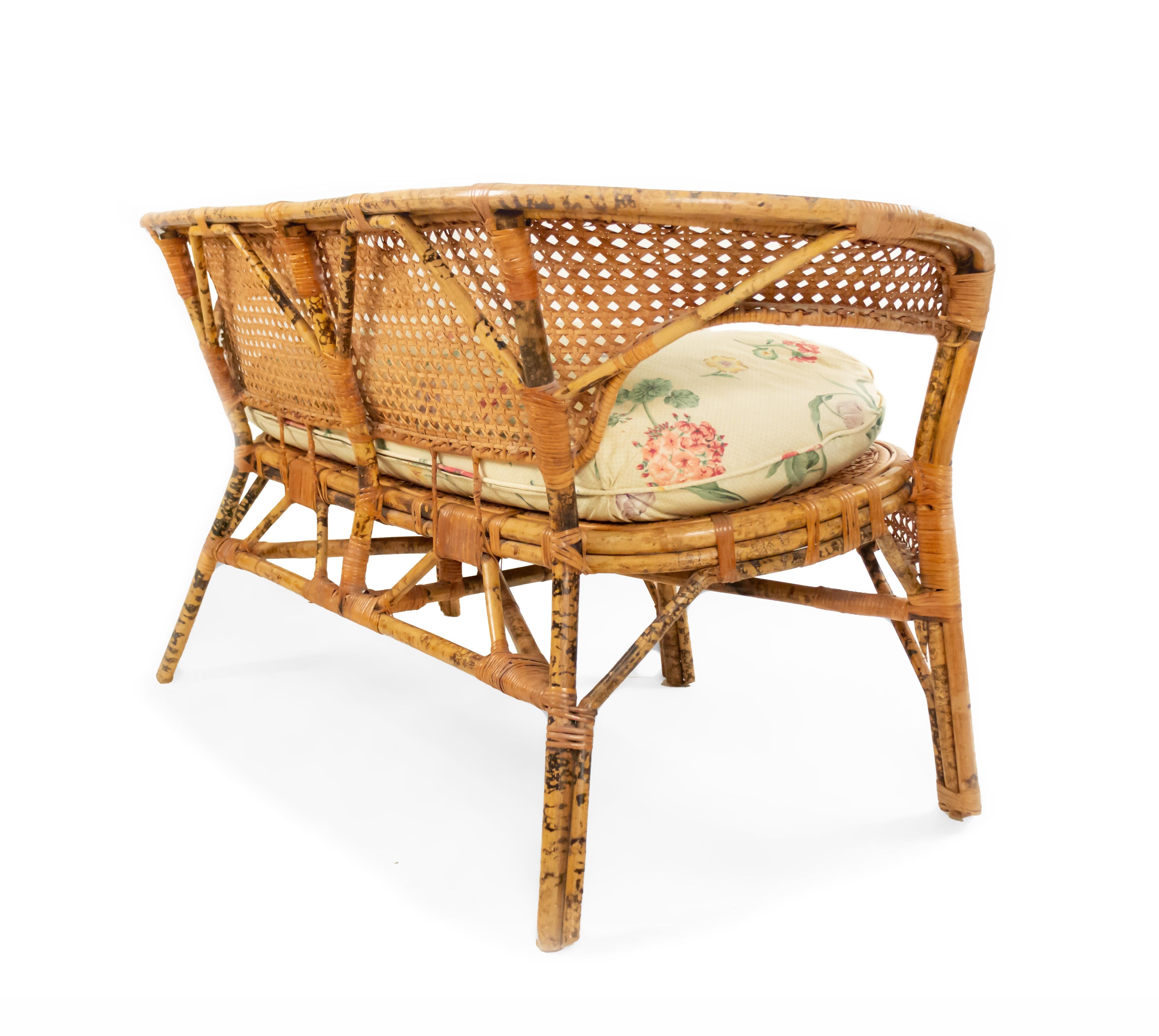 Midcentury Wicker Love Seat with Floral Upholstery For Sale 1