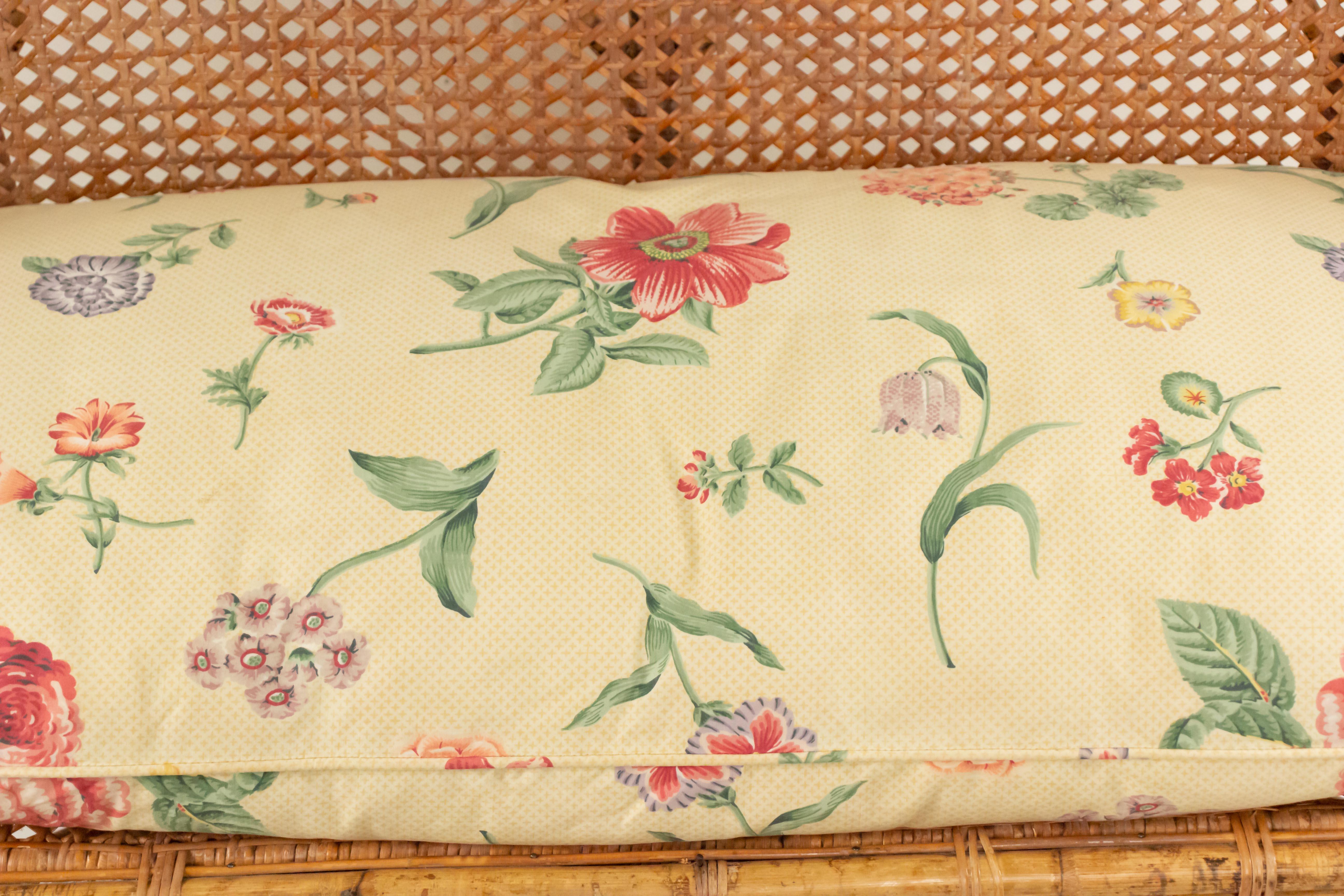 Midcentury Wicker Love Seat with Floral Upholstery For Sale 2