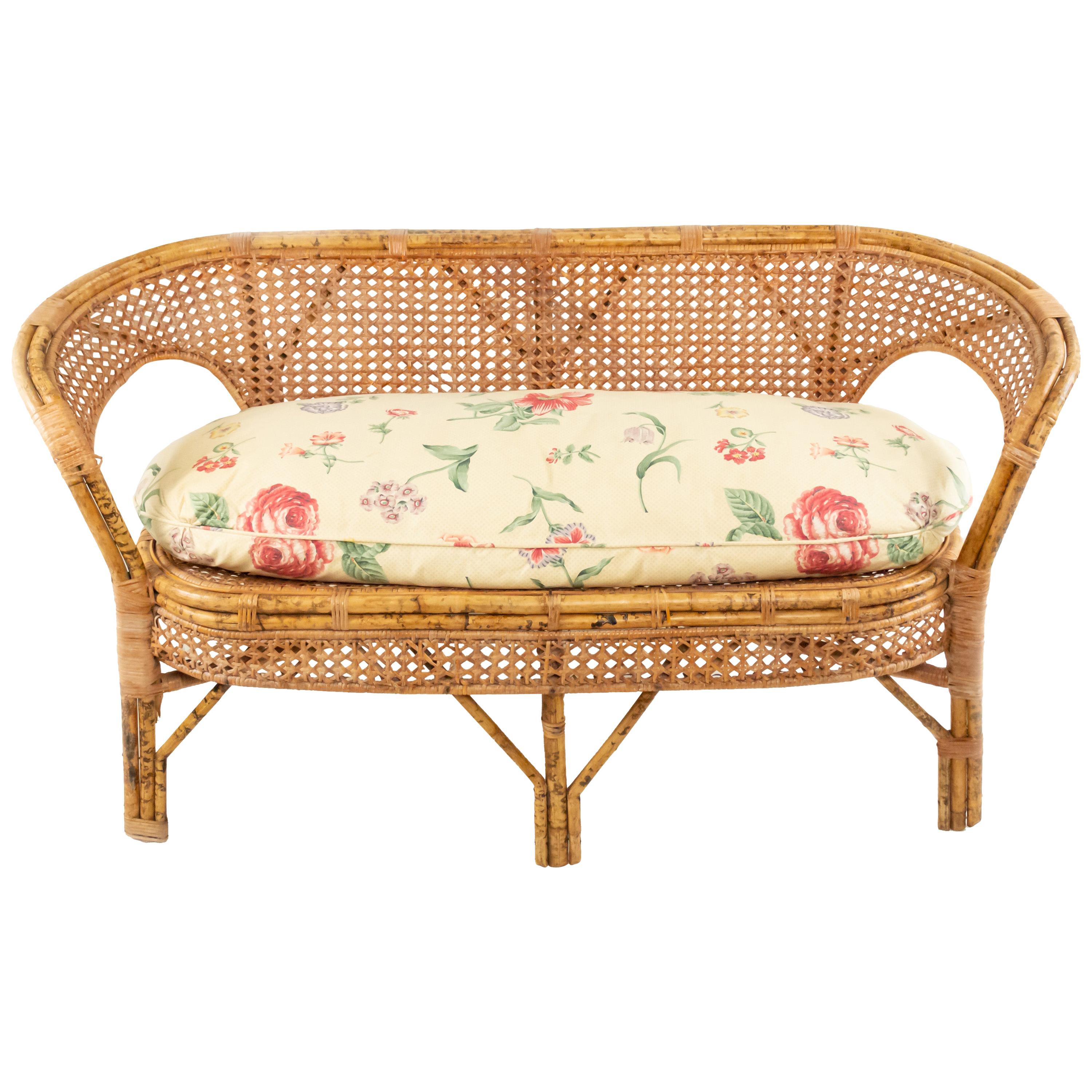 Midcentury Wicker Love Seat with Floral Upholstery For Sale