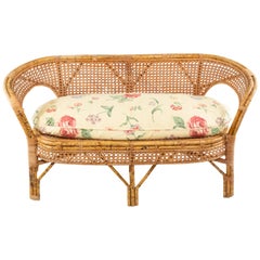 Vintage Midcentury Wicker Love Seat with Floral Upholstery