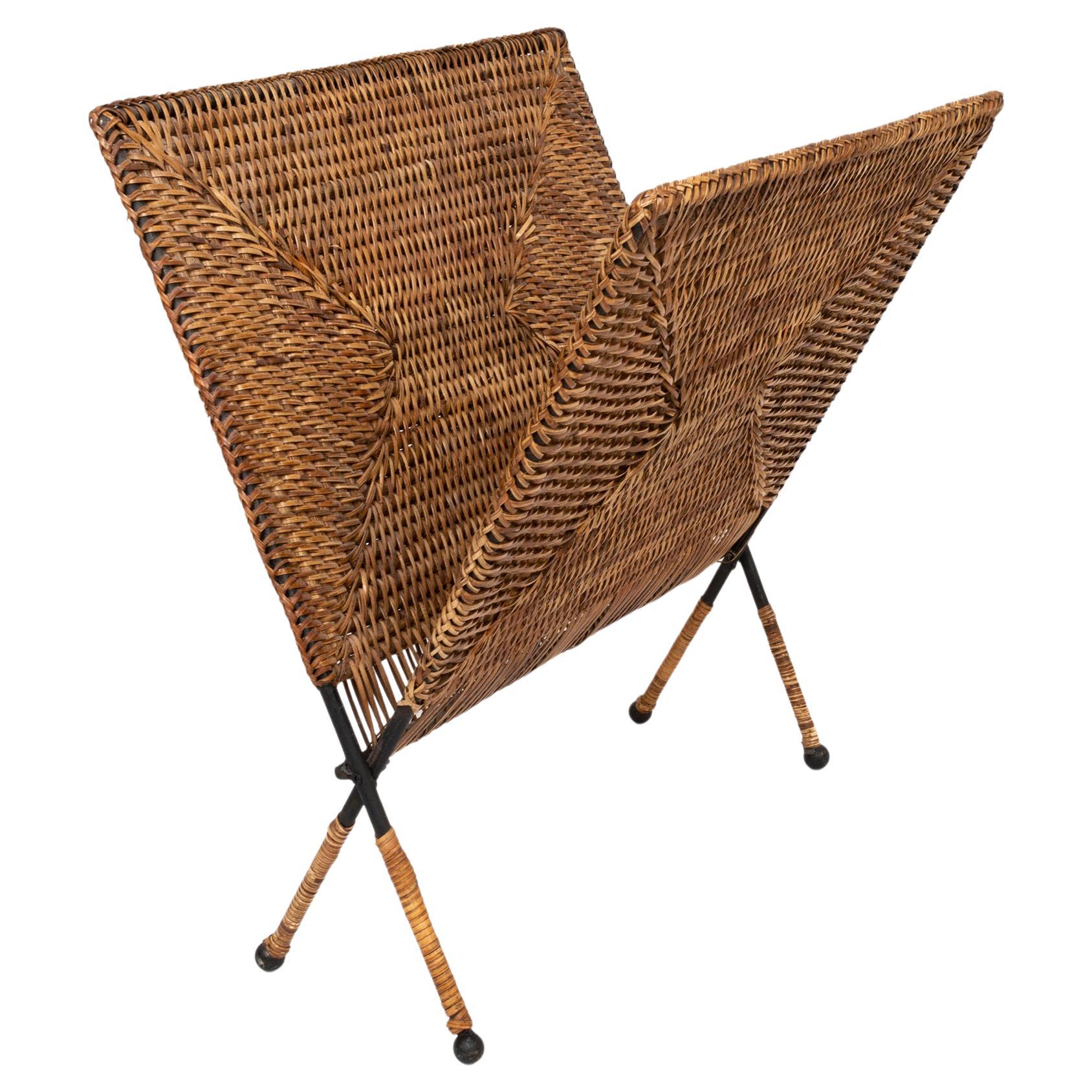 French 1950s Raoul Guys attrd. Iron Wicker Magazine Rack Book Shelf Mid