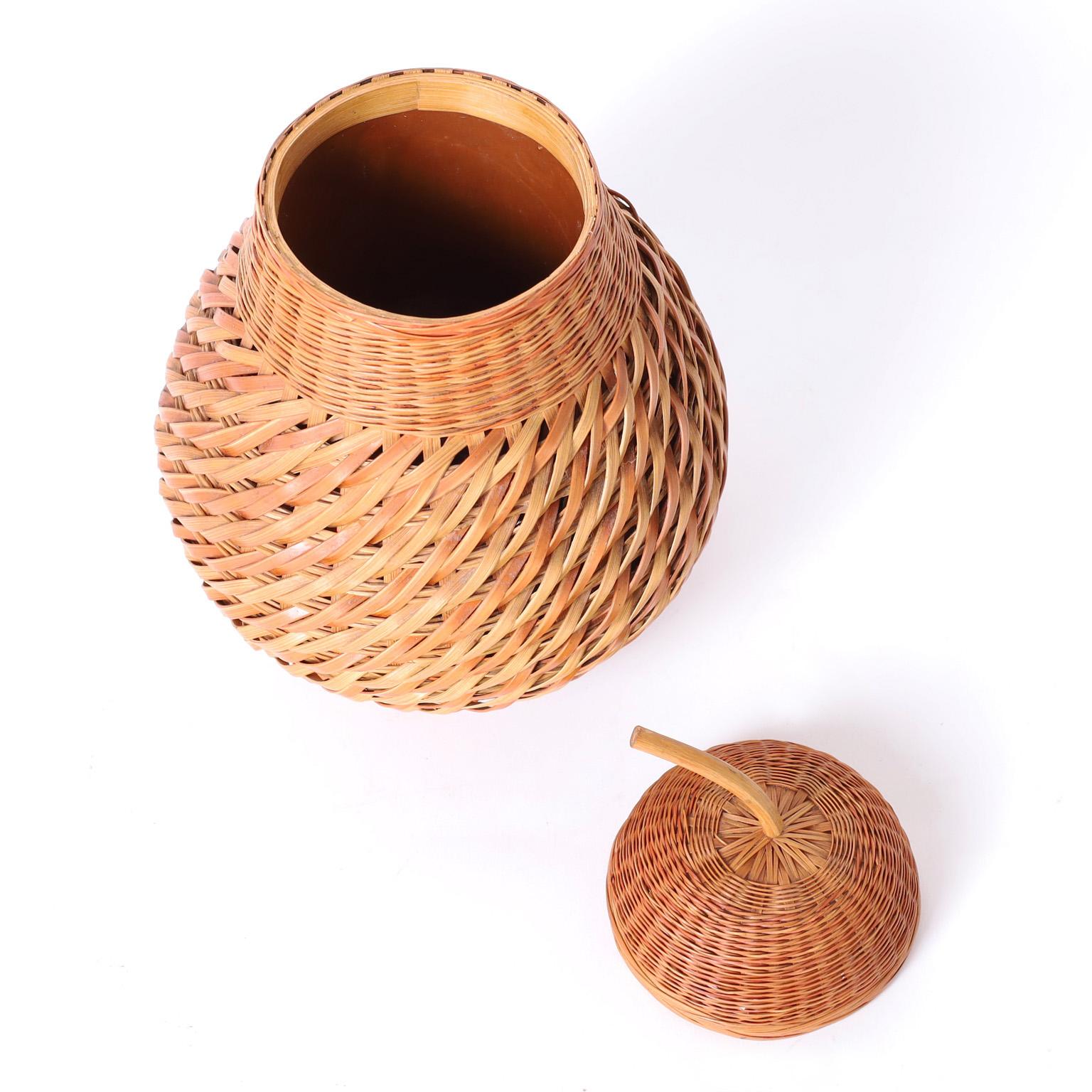 Woven Mid-Century Wicker Pear form Lidded Jar or Container For Sale