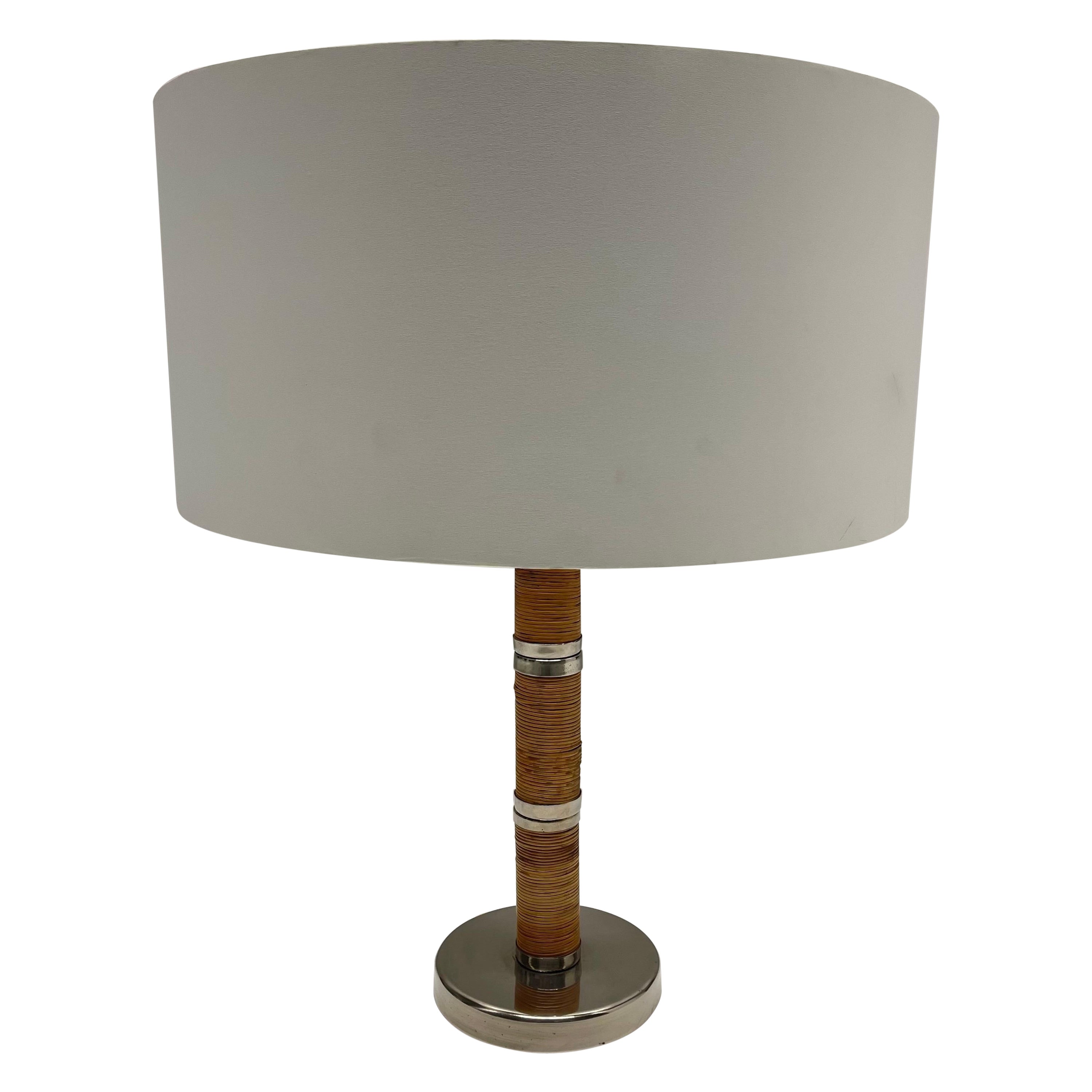 Mid Century Wicker Rattan and Chrome Table Lamp, HCH, Circa 1970s